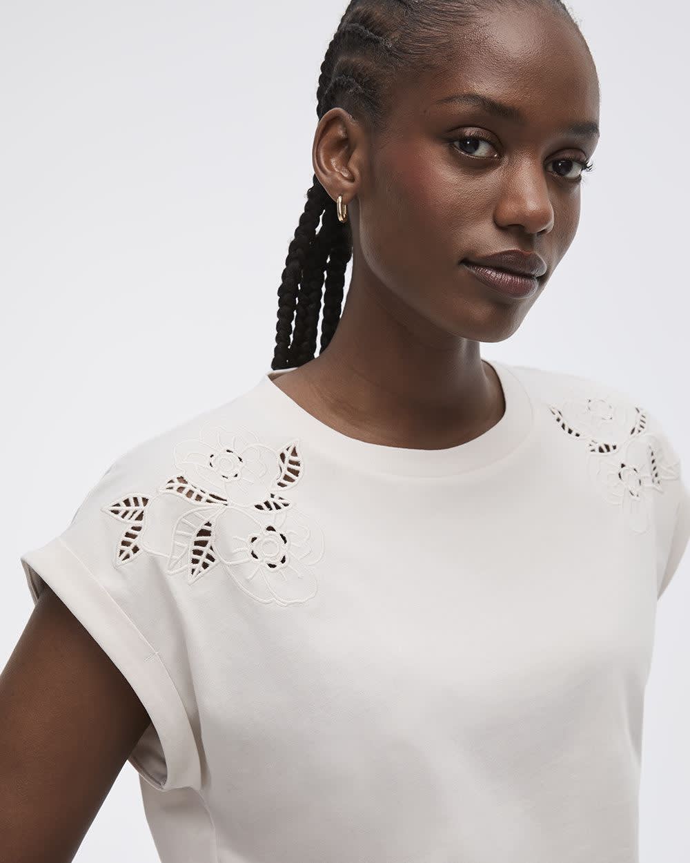 Extended-Sleeve Crew-Neck Tee with Crochet Details