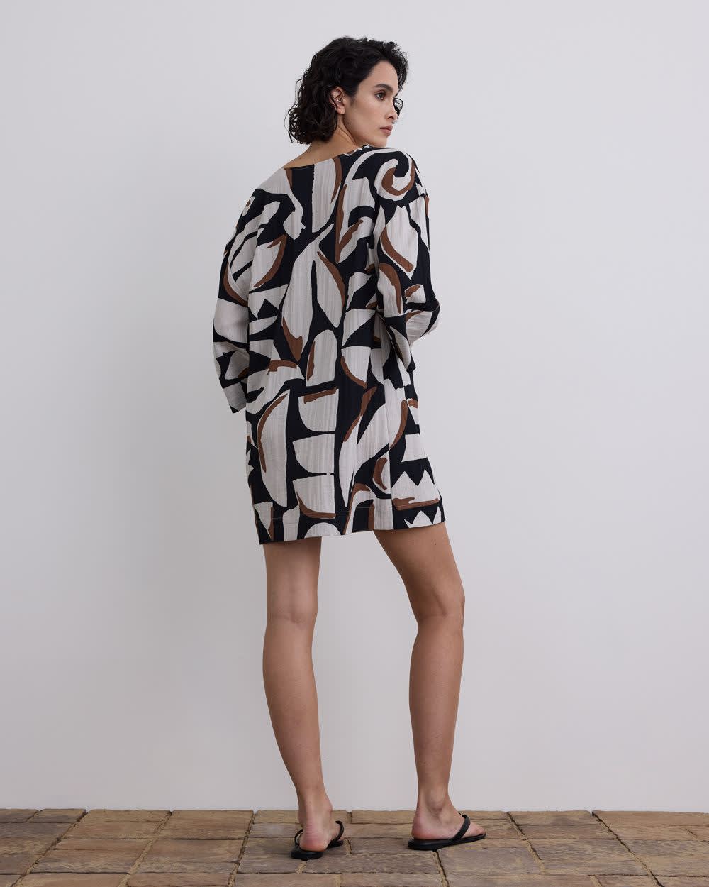 Long-Sleeve V-Neck Loose Mini Dress