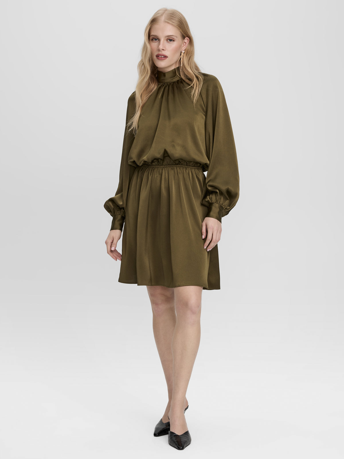 Satin Mock-Neck Mini Dress with Self-Tie Bow