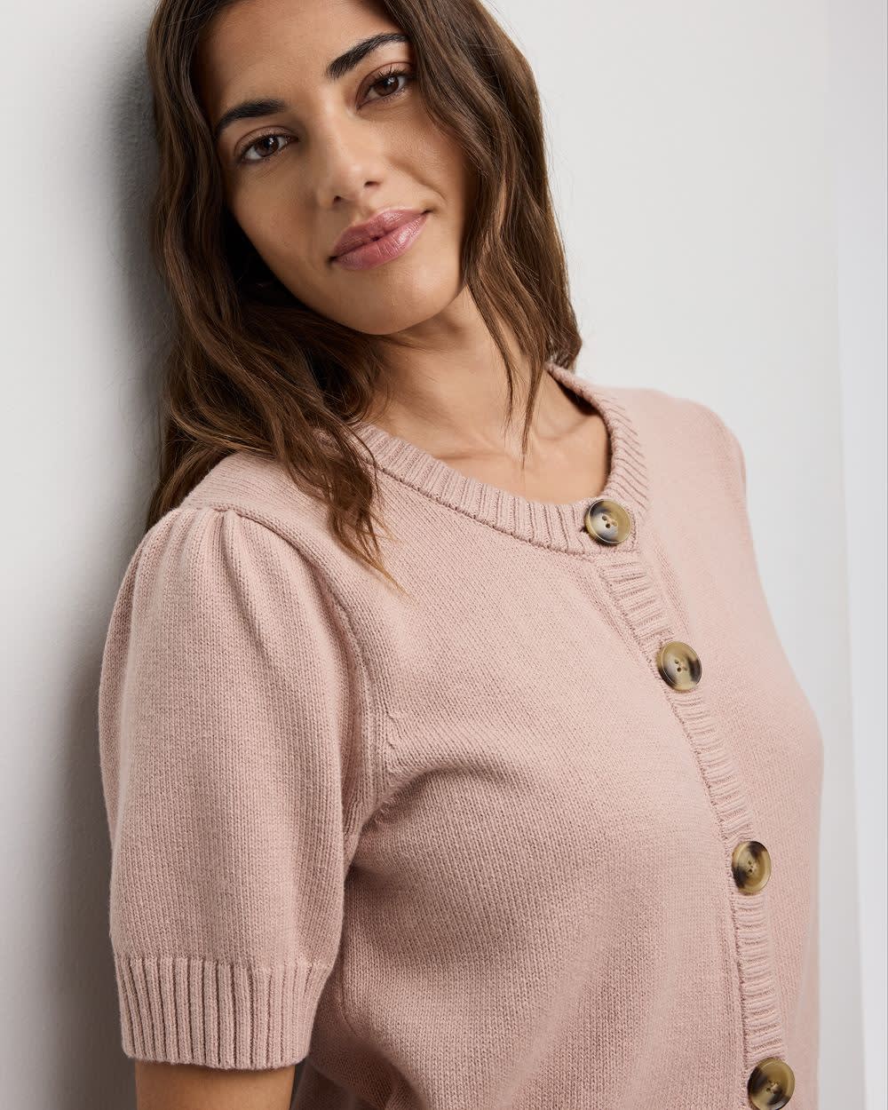 Short-Balloon-Sleeve Crew-Neck Cardigan