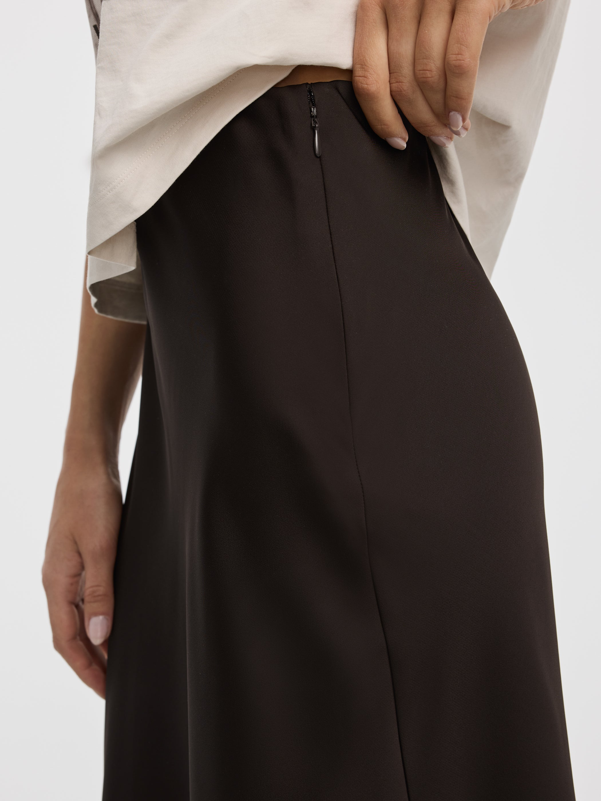 Satin A-Line Midi Skirt with Lace Trim