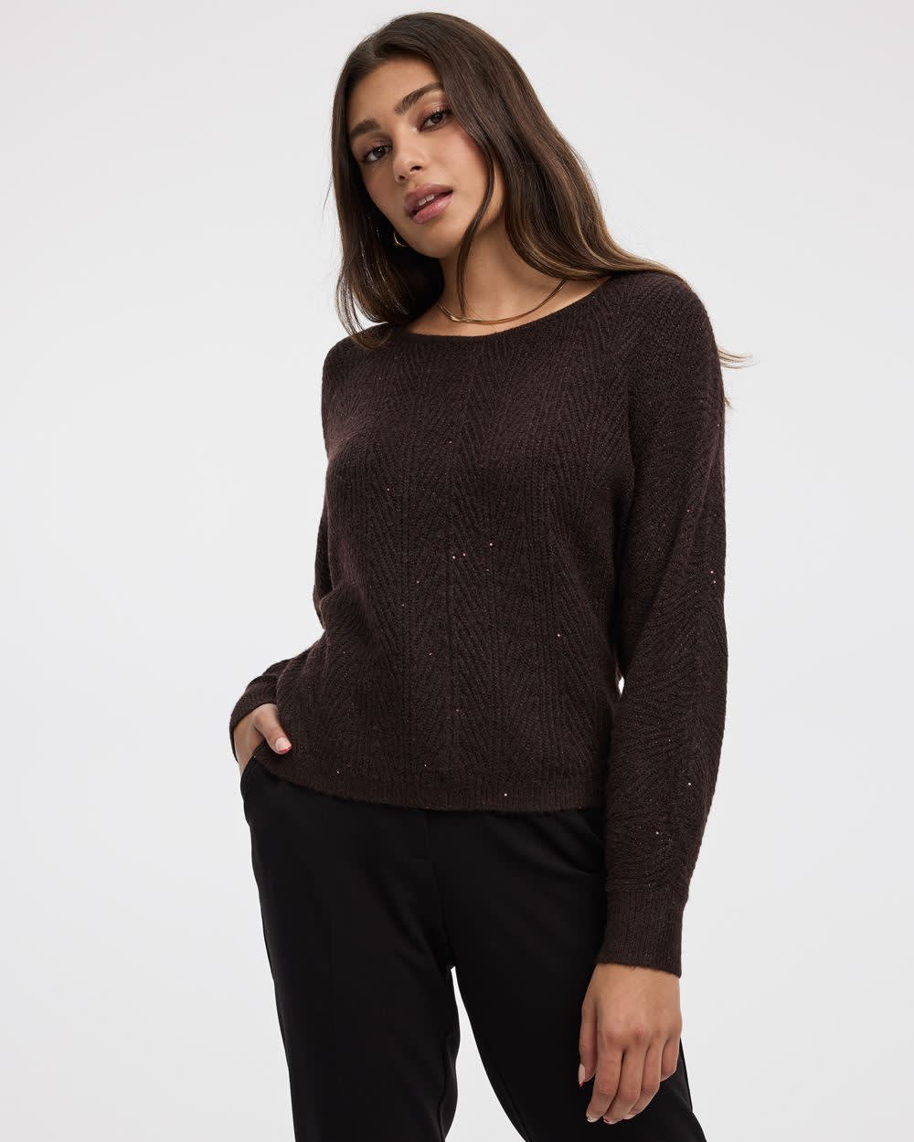Long-Sleeve Boat-Neck Boxy Sweater with All-Over Sequins