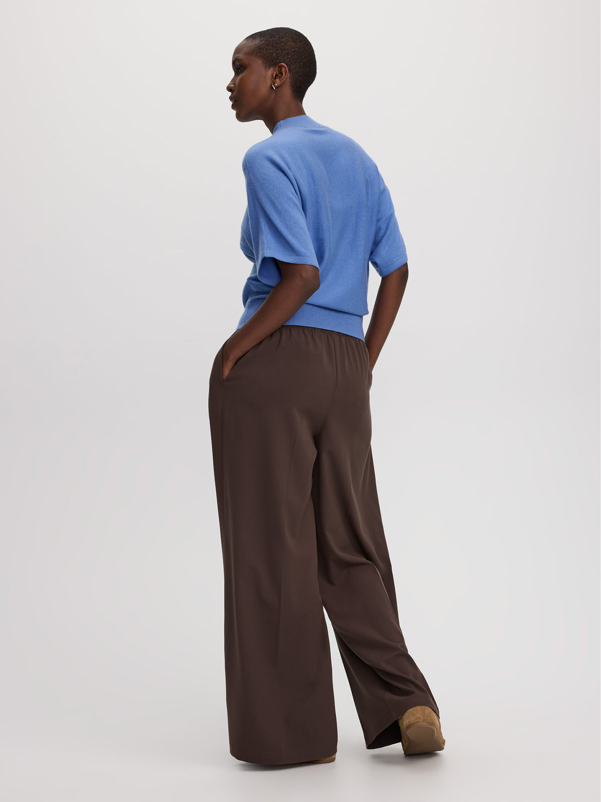 Merino-Blend Short-Sleeve Mock-Neck Sweater
