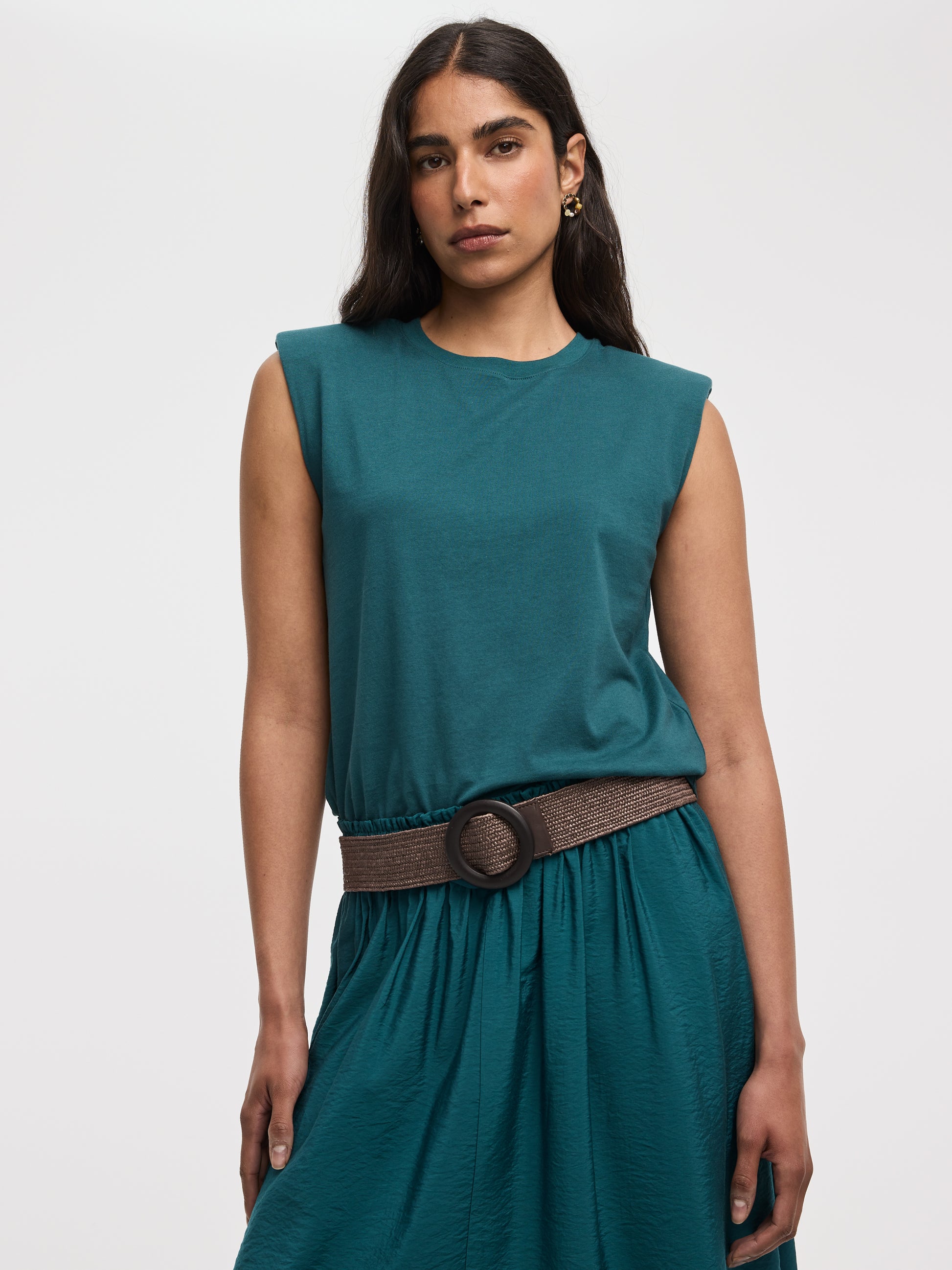 Sleeveless Crew-Neck Top with Shoulder Pads