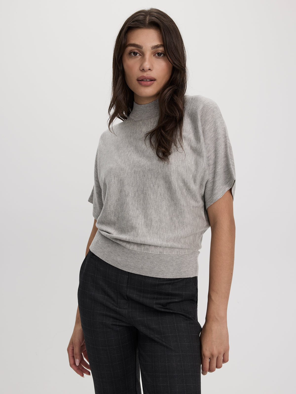 Merino-Blend Short-Sleeve Mock-Neck Sweater