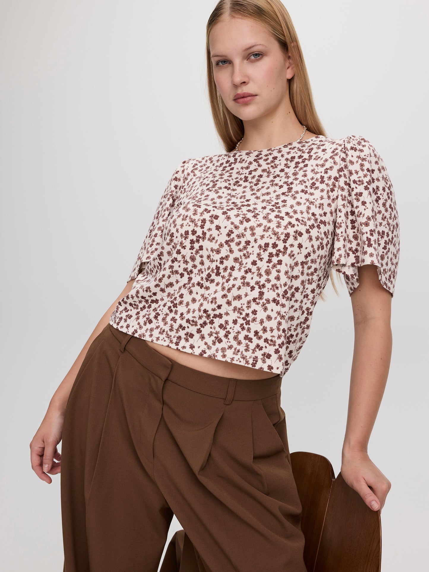 Crew-Neck Top with Short Flutter Sleeves