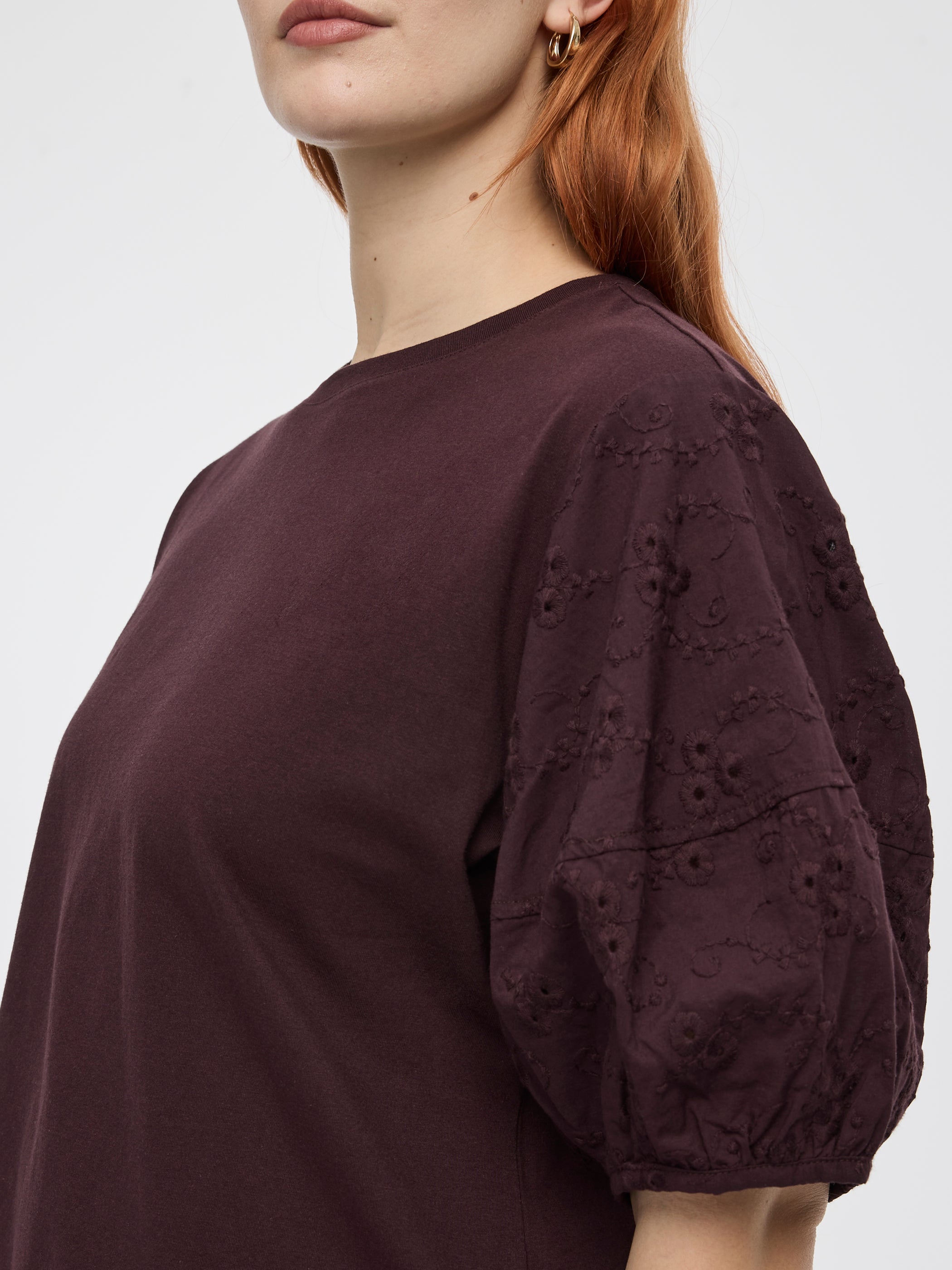 Crew-Neck Mix-Media Top with Short Puffy Sleeves