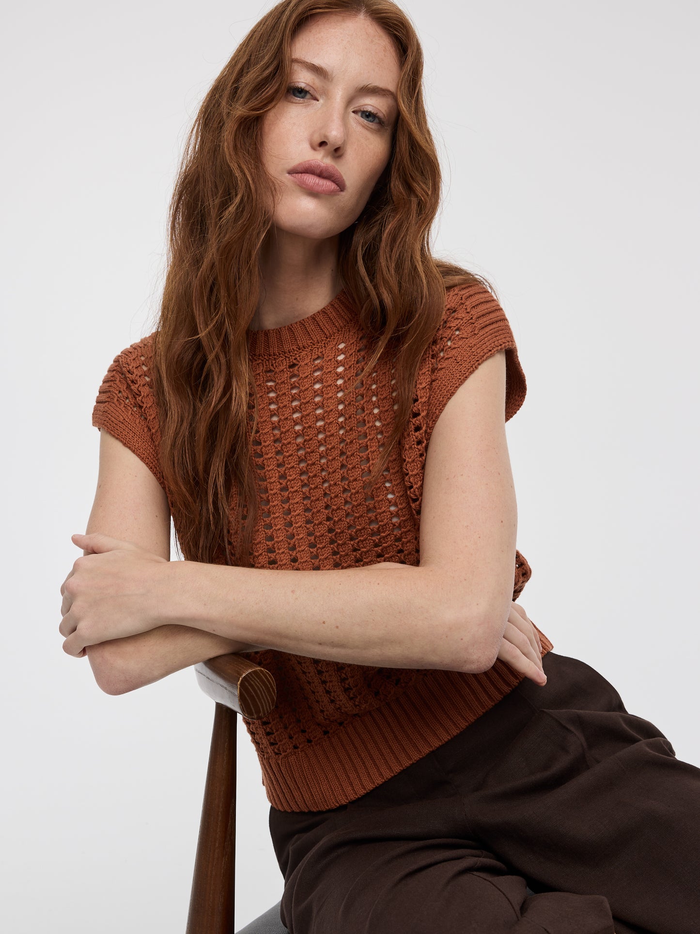 Extended-Sleeve Crew-Neck Sweater with Open Stitches