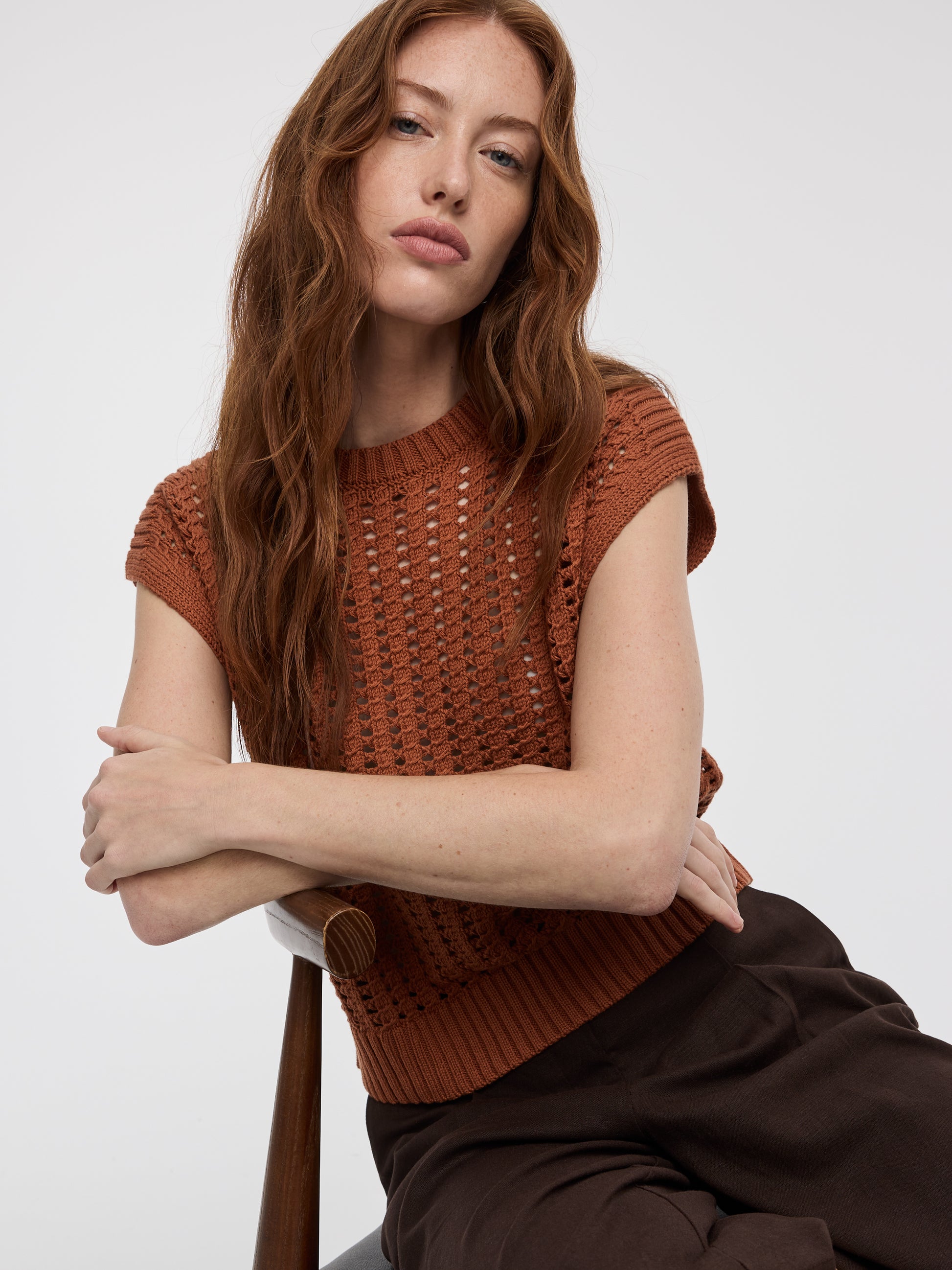 Extended-Sleeve Crew-Neck Sweater with Open Stitches