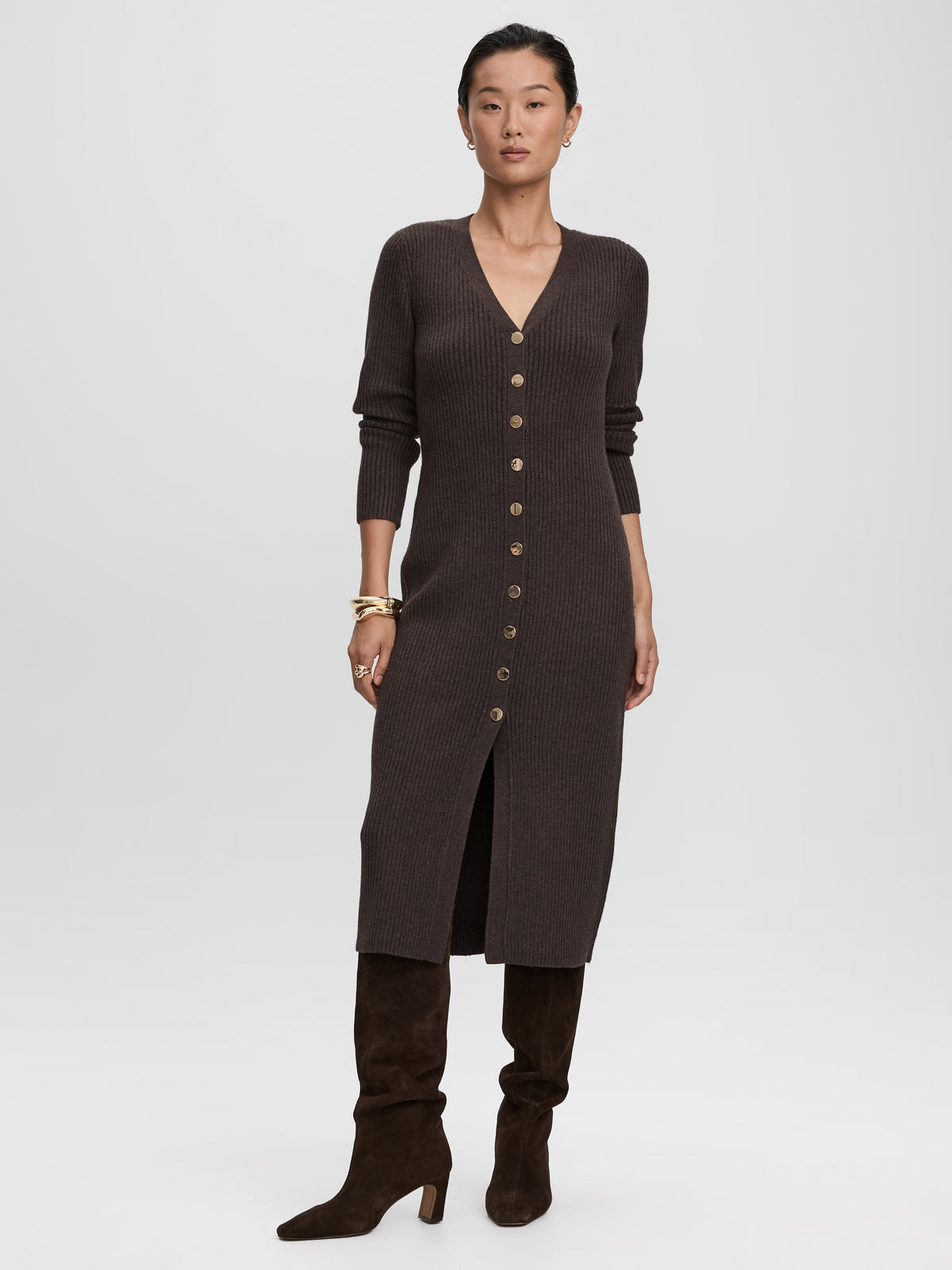 Long-Sleeve V-Neck Buttoned-Down Midi Dress