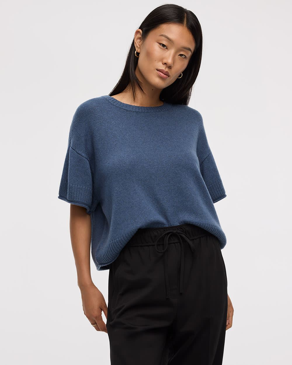 Cashmere-Blend Short-Sleeve Crew-Neck Loose Sweater
