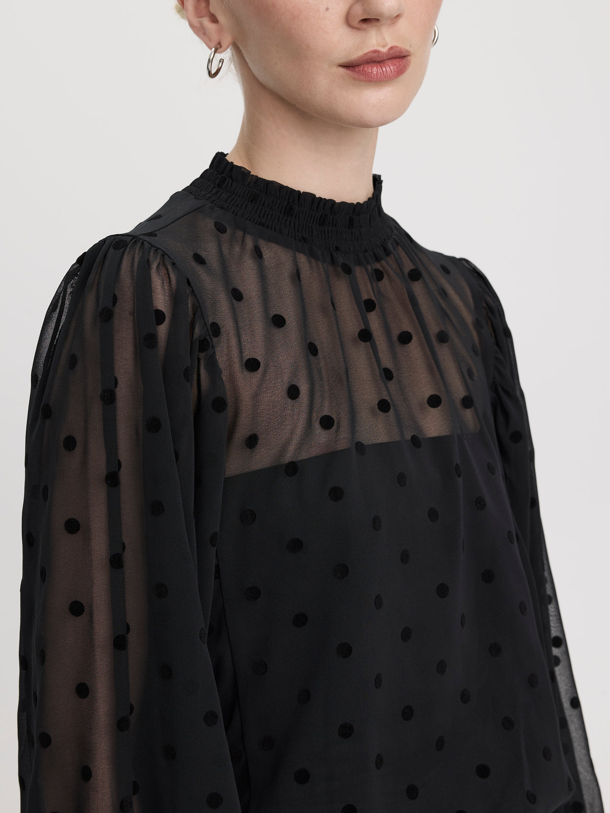 Sheer Long-Sleeve Mock-Neck Blouse with Dots