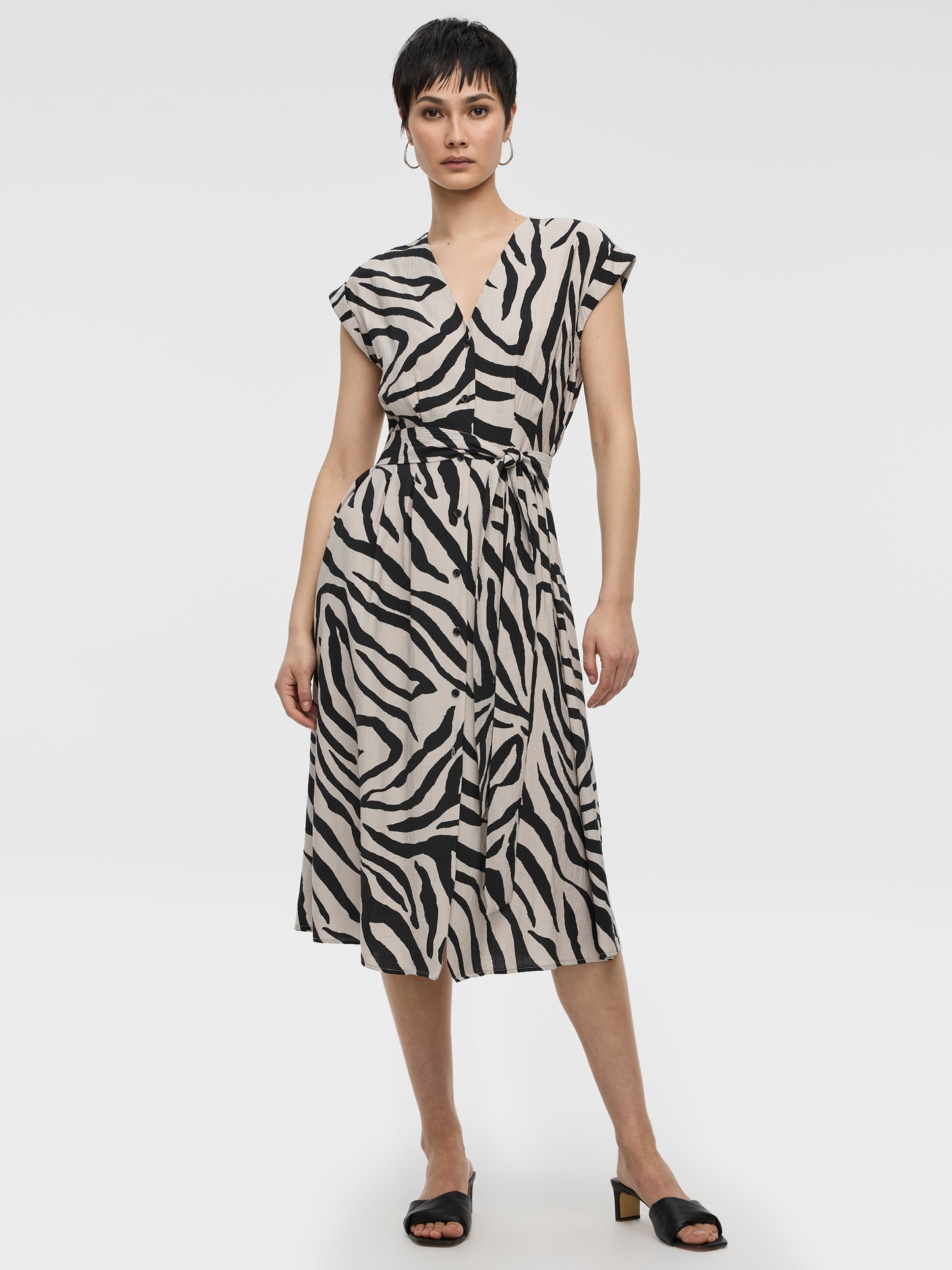 Extended-Sleeve V-Neck Belted Dress