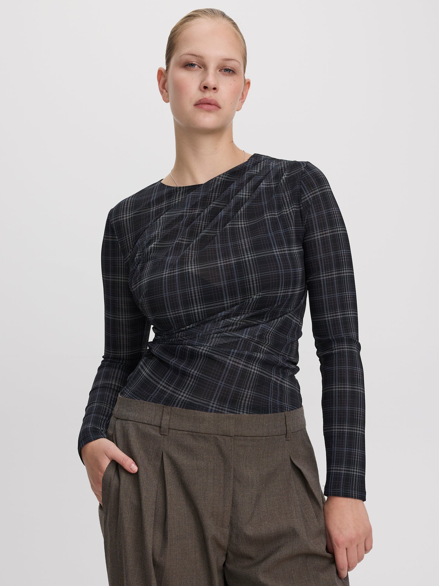 Long-Sleeve Crew-Neck Draped Top