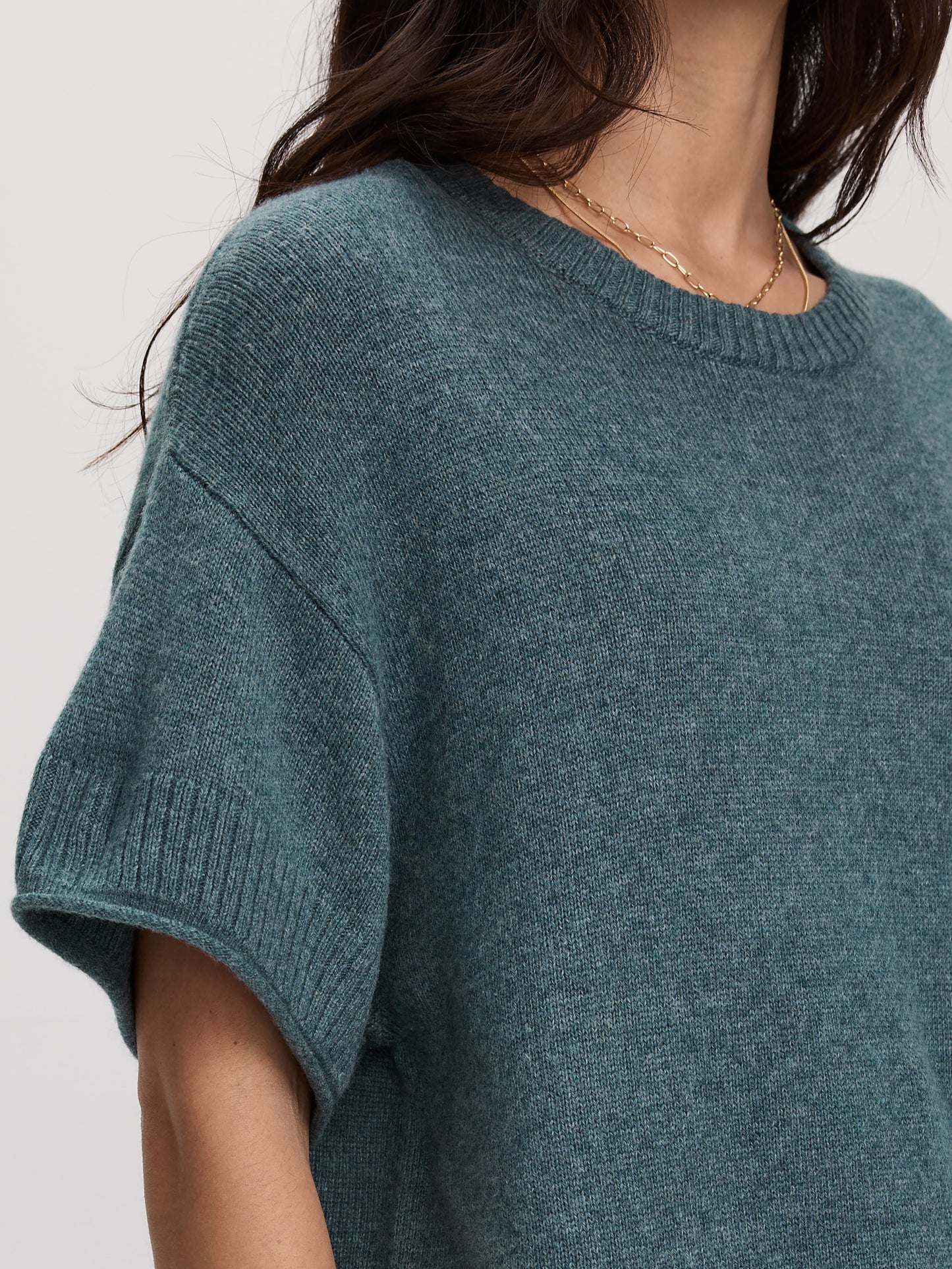 Cashmere-Blend Short-Sleeve Crew-Neck Loose Sweater