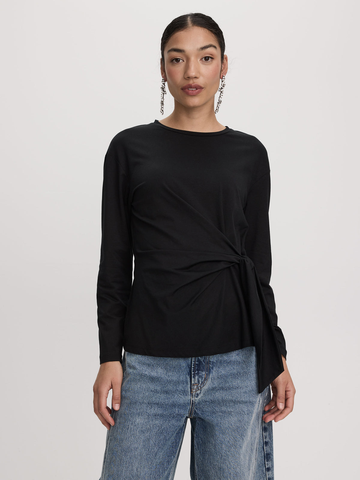 Long-Sleeve Top with Tie at Waist