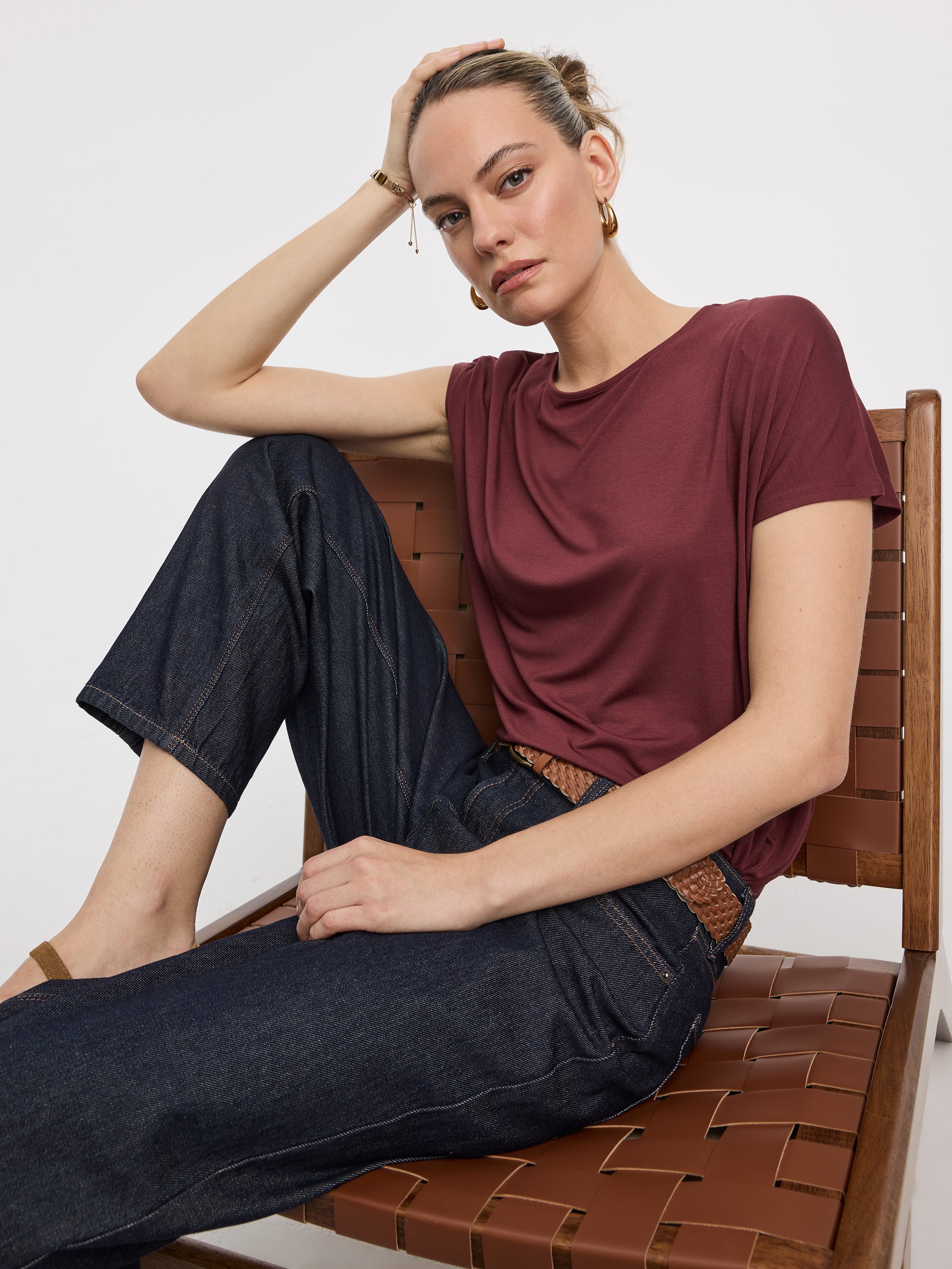 Short-Dolman-Sleeve Boat-Neck T-Shirt