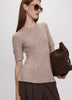 Elbow-Sleeve Crew-Neck Sweater with Half-Cardigan Stitches