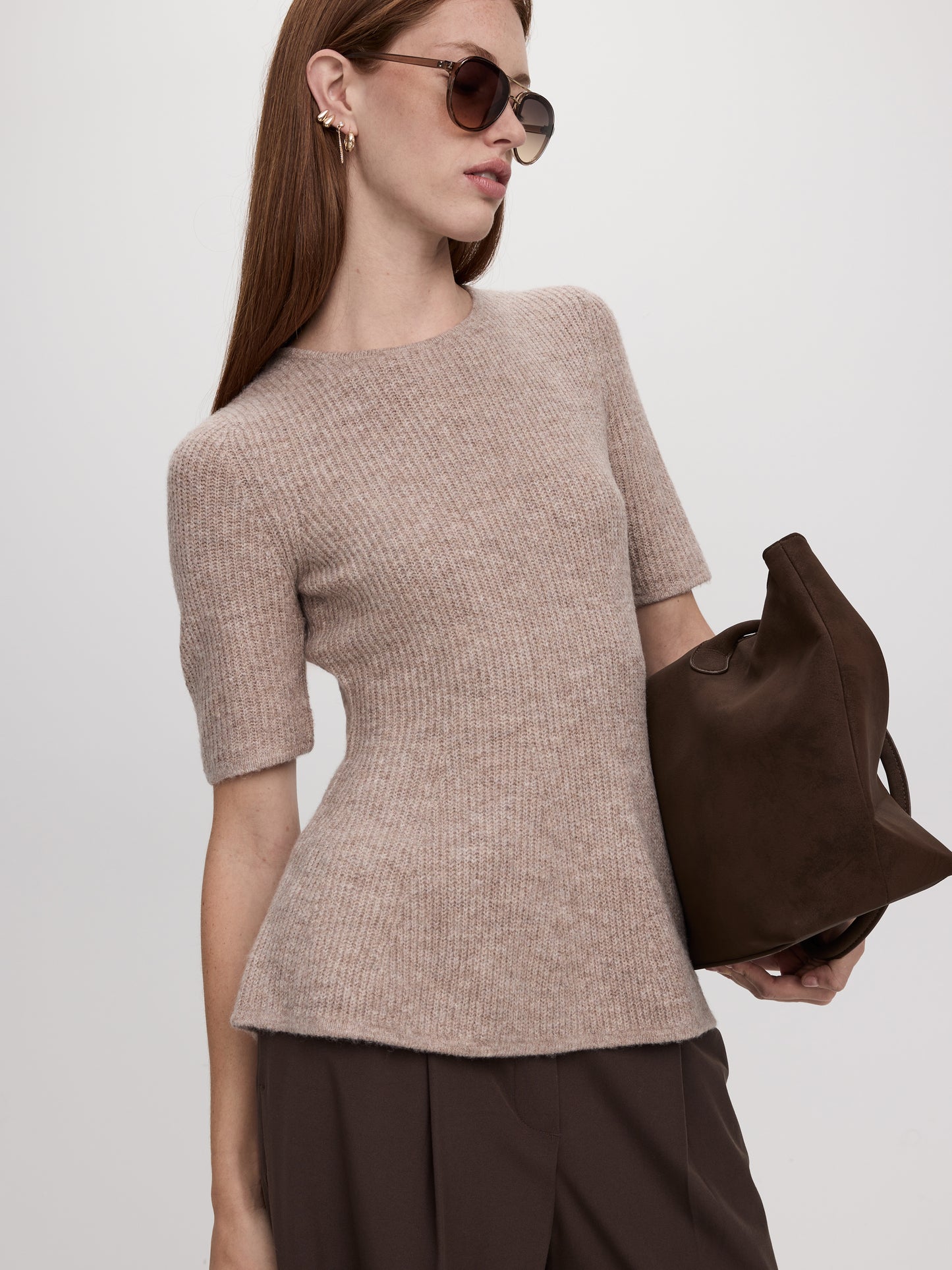 Elbow-Sleeve Crew-Neck Sweater with Half-Cardigan Stitches