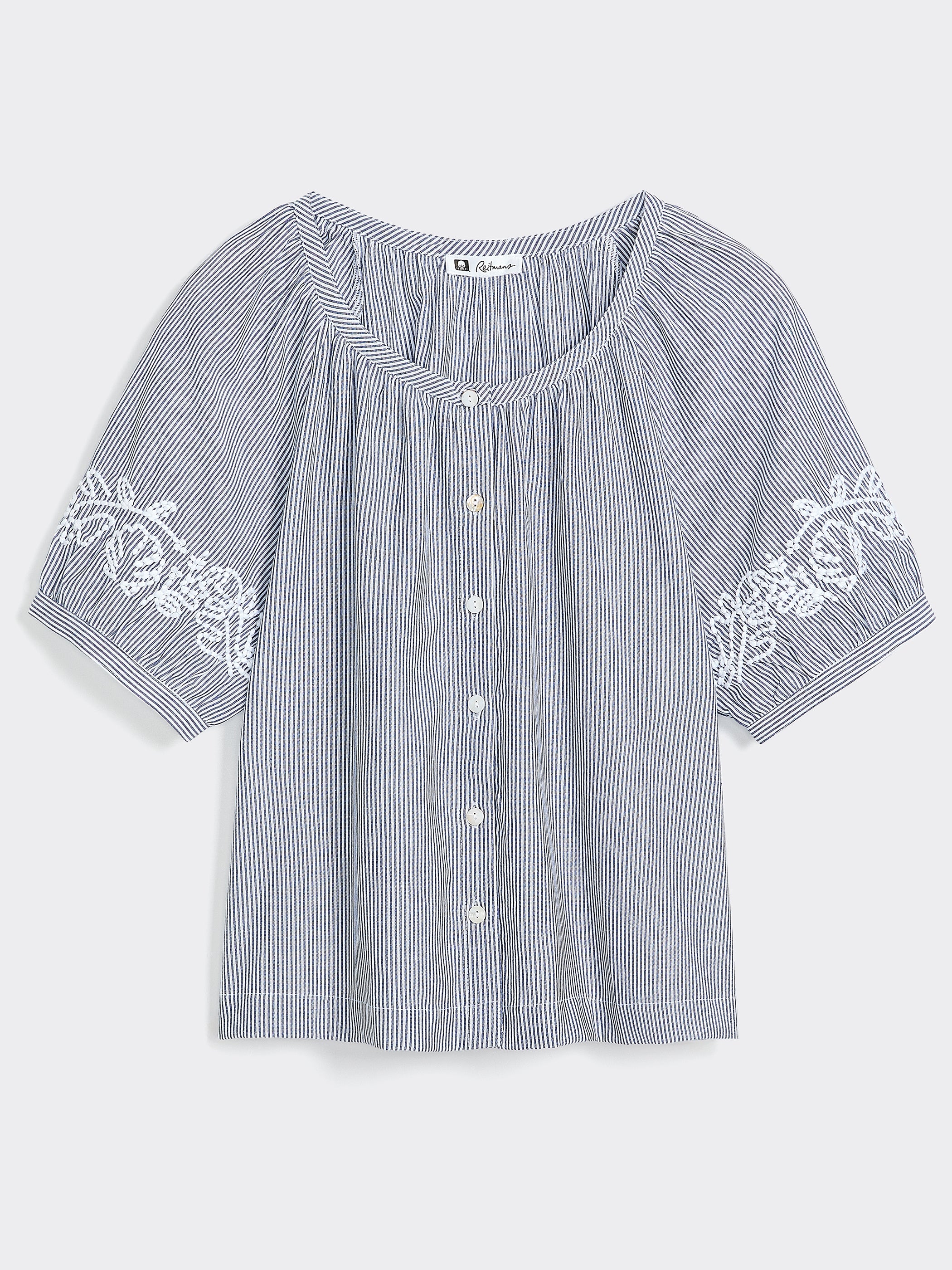 Striped Short-Sleeve Scoop-Neck Loose Blouse