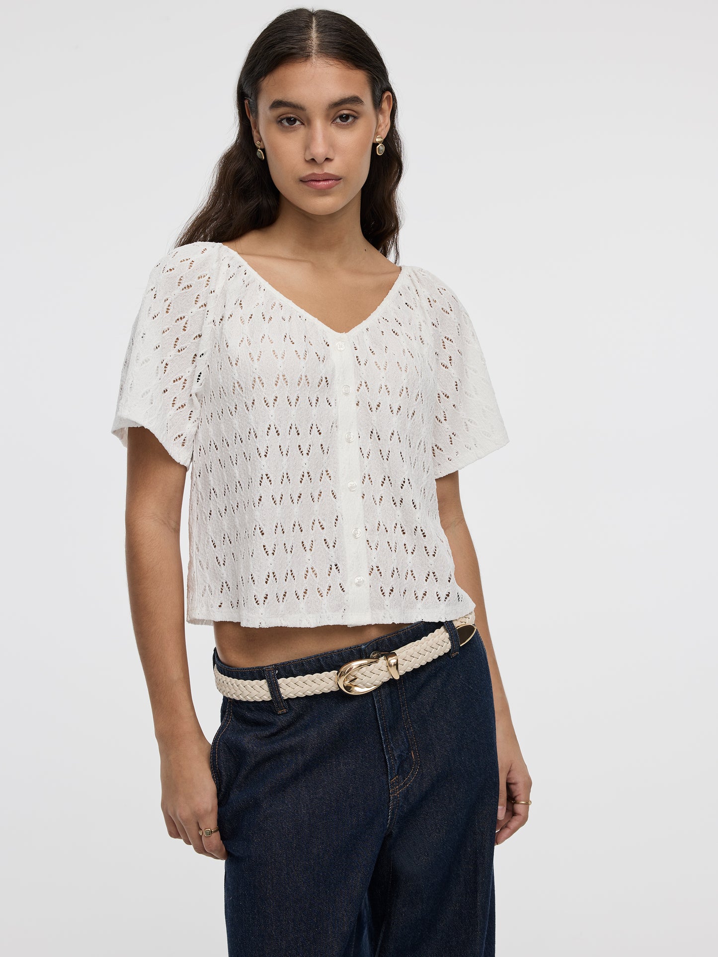 Blouse boutonnée à manches courtes à volants et col V 