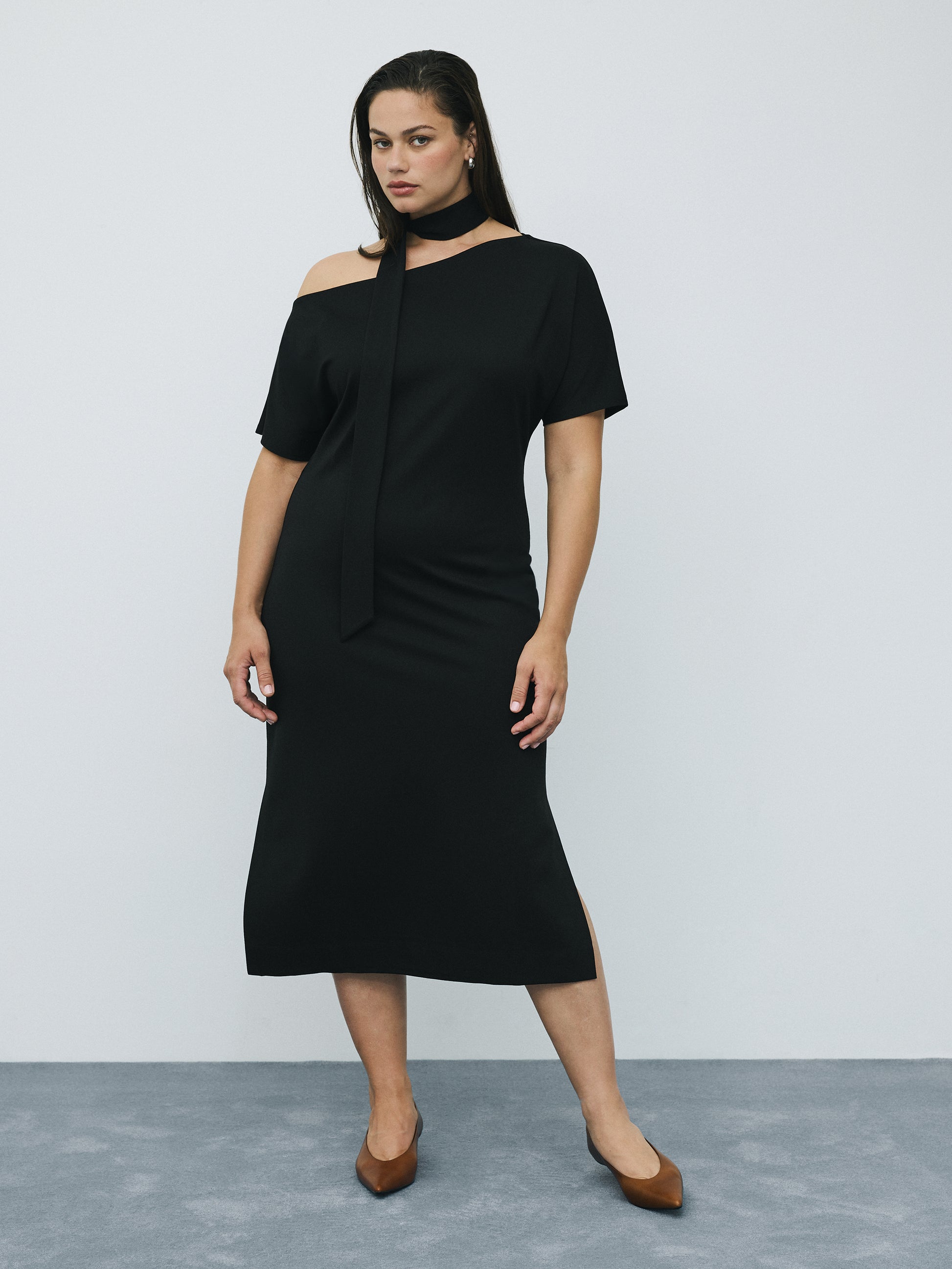 Short-Sleeve Off-the-Shoulder Midi Dress