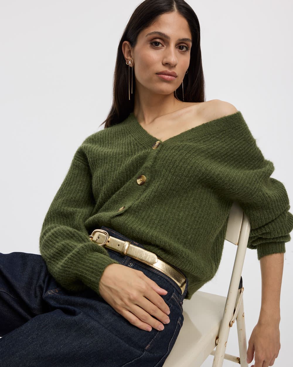 Long-Sleeve V-Neck Loose Cardigan