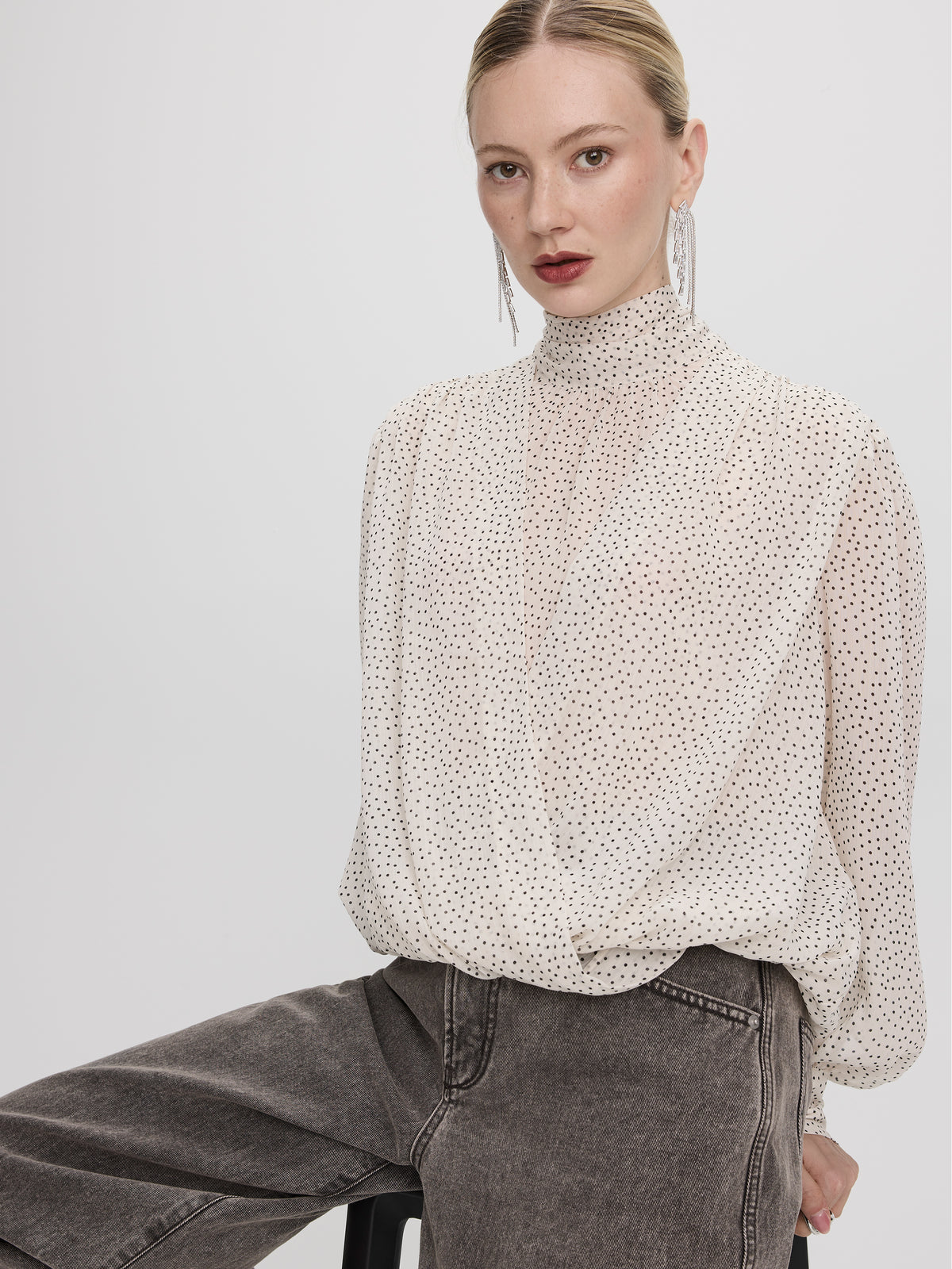 Long-Sleeve Wrap Blouse with Mock Neckline