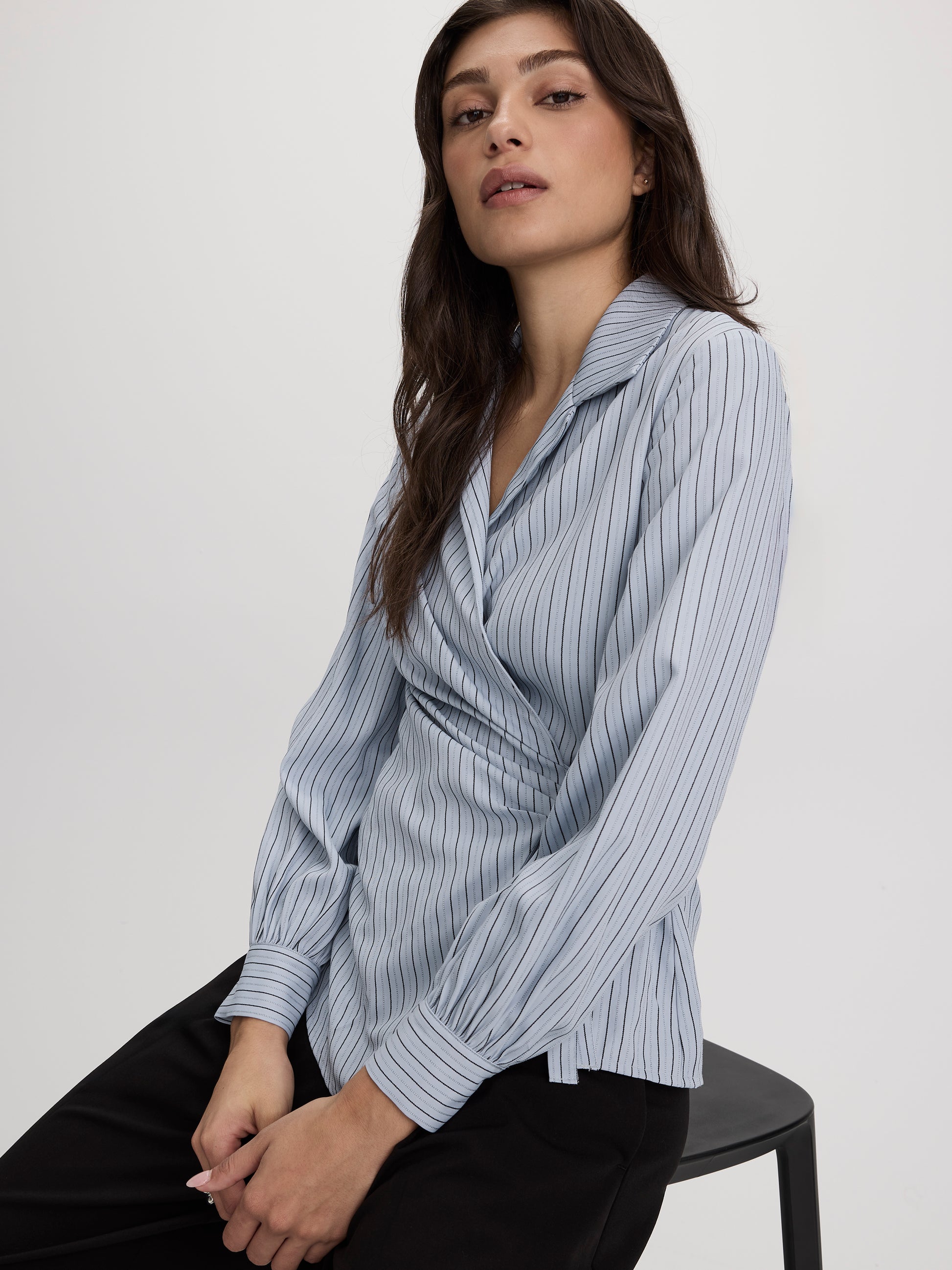 Long-Sleeve Wrap Blouse with V Neckline