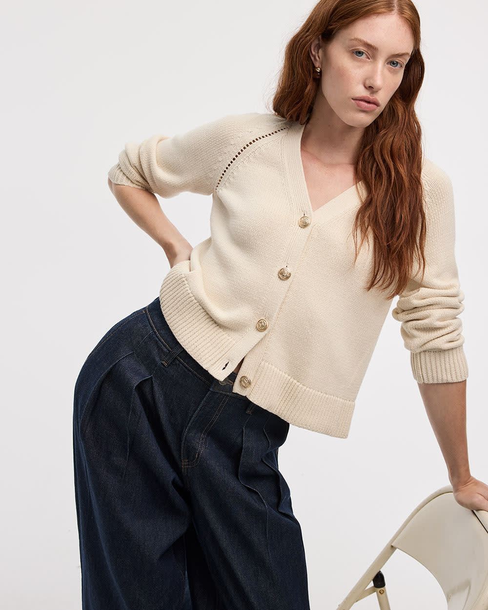 Long-Sleeve V-Neck Buttoned-Down Pointelle Cardigan
