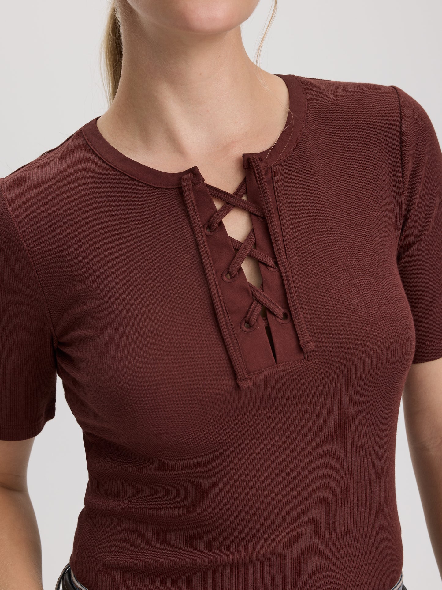 Short-Sleeve Top with Lace-Up Split Neckline