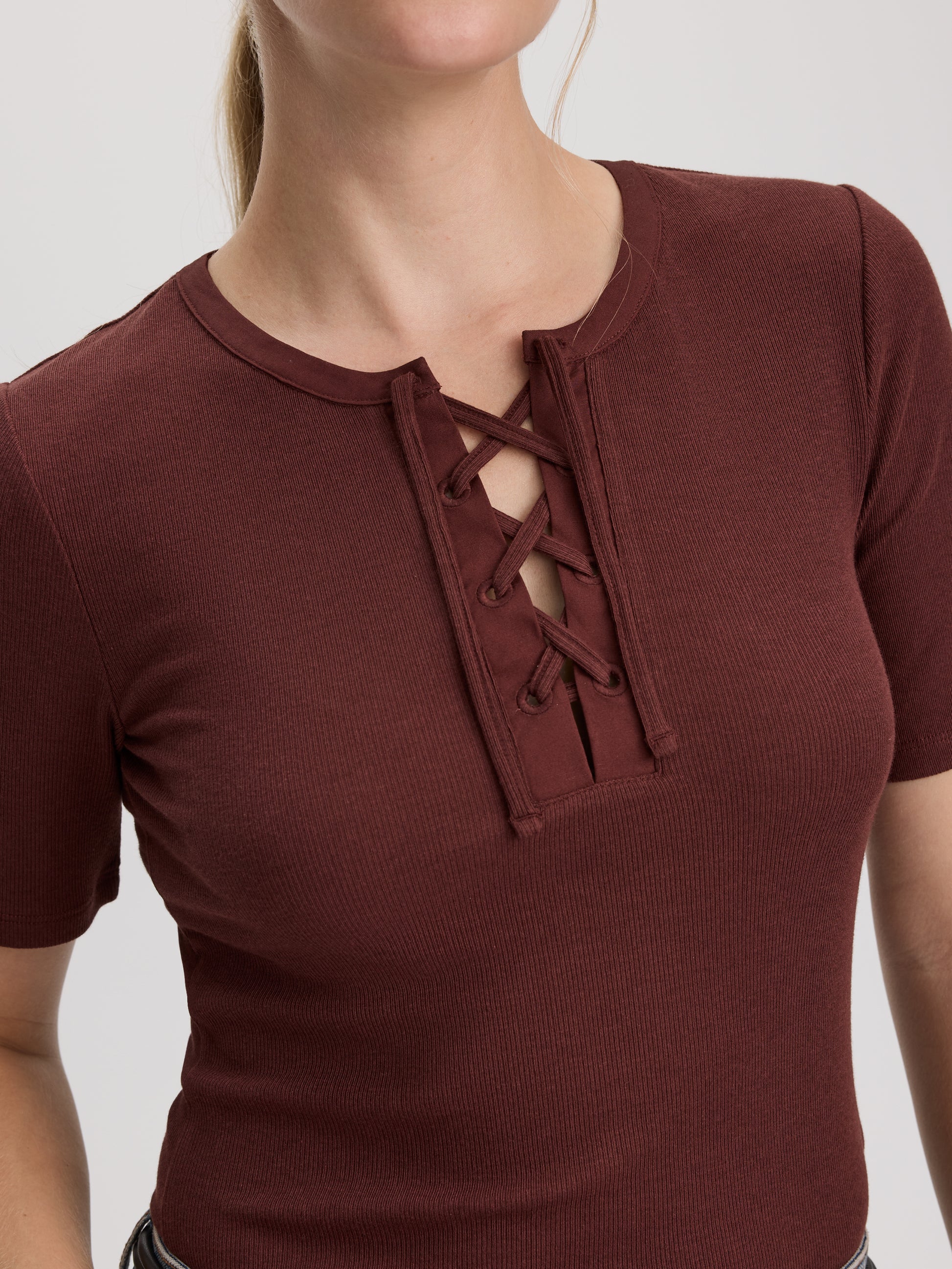 Short-Sleeve Top with Lace-Up Split Neckline