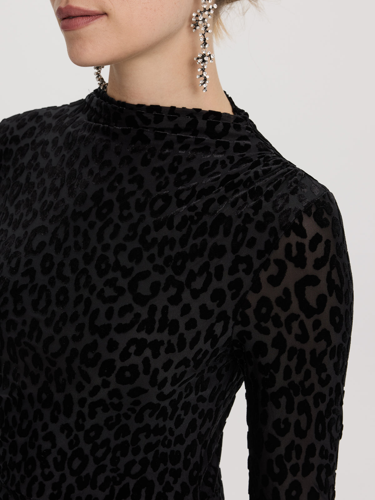 Long-Sleeve Bodycon Midi Dress with Burnout Pattern