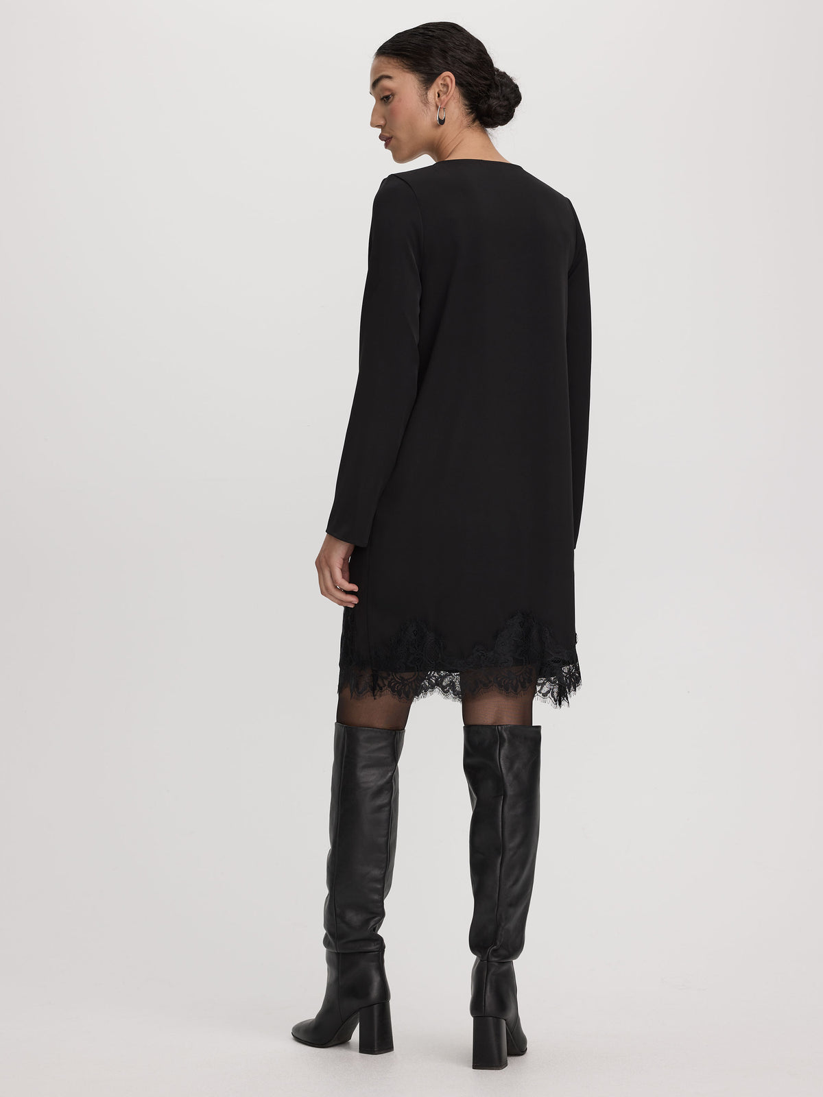 Long-Sleeve V-Neck Shift Dress with Lace Trim