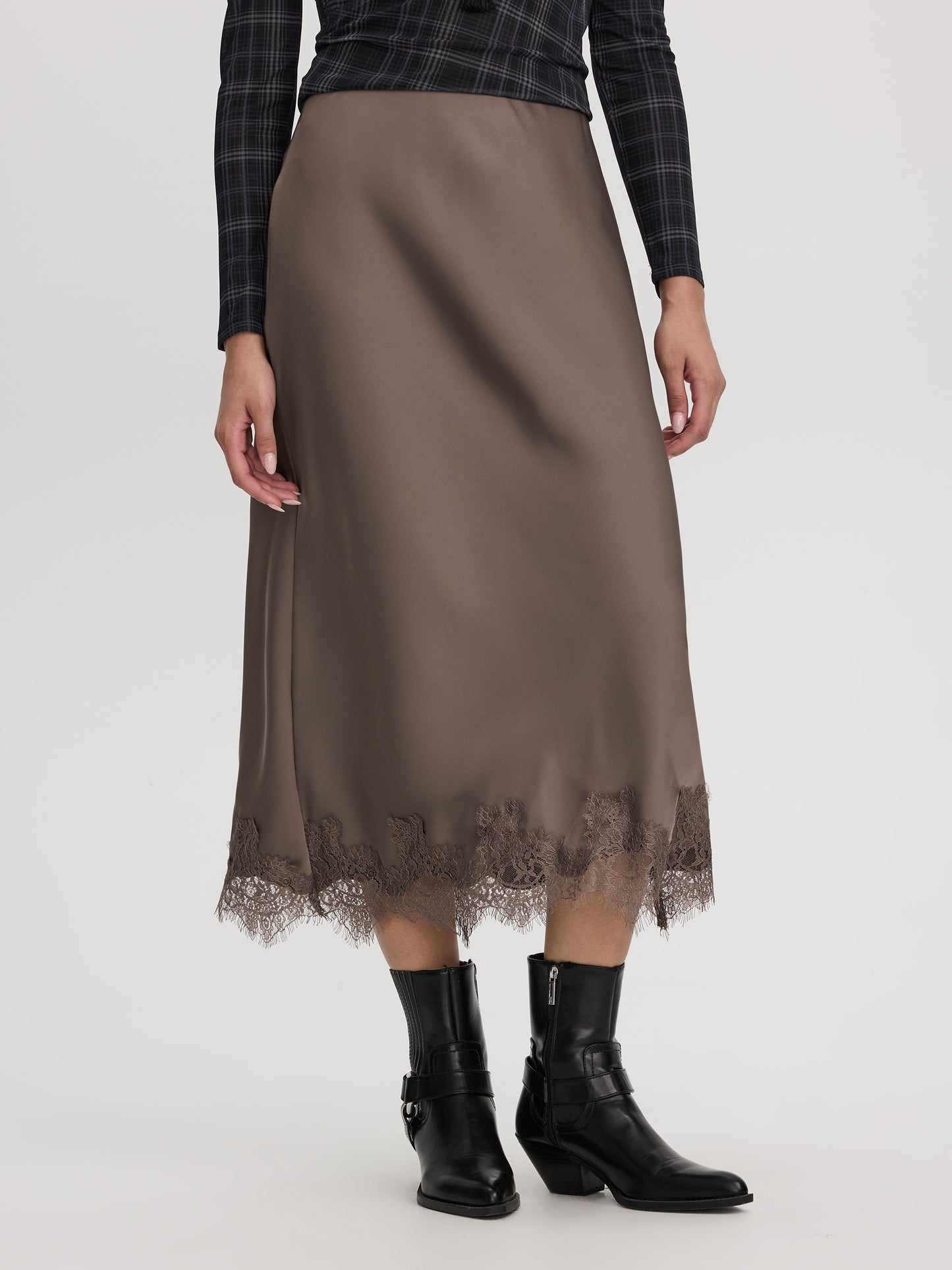 Satin Midi Skirt with Lace Trim