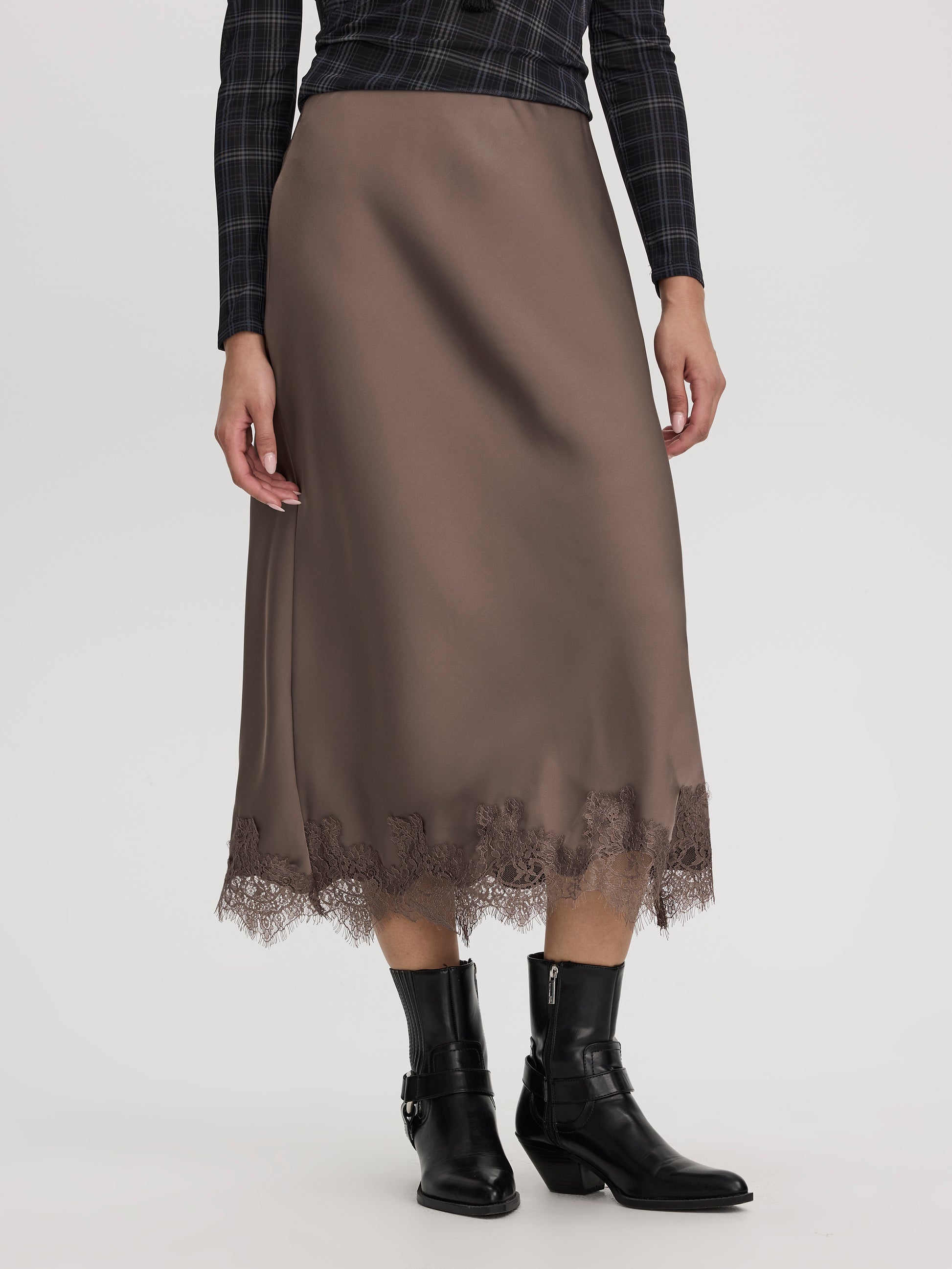 Satin Midi Skirt with Lace Trim