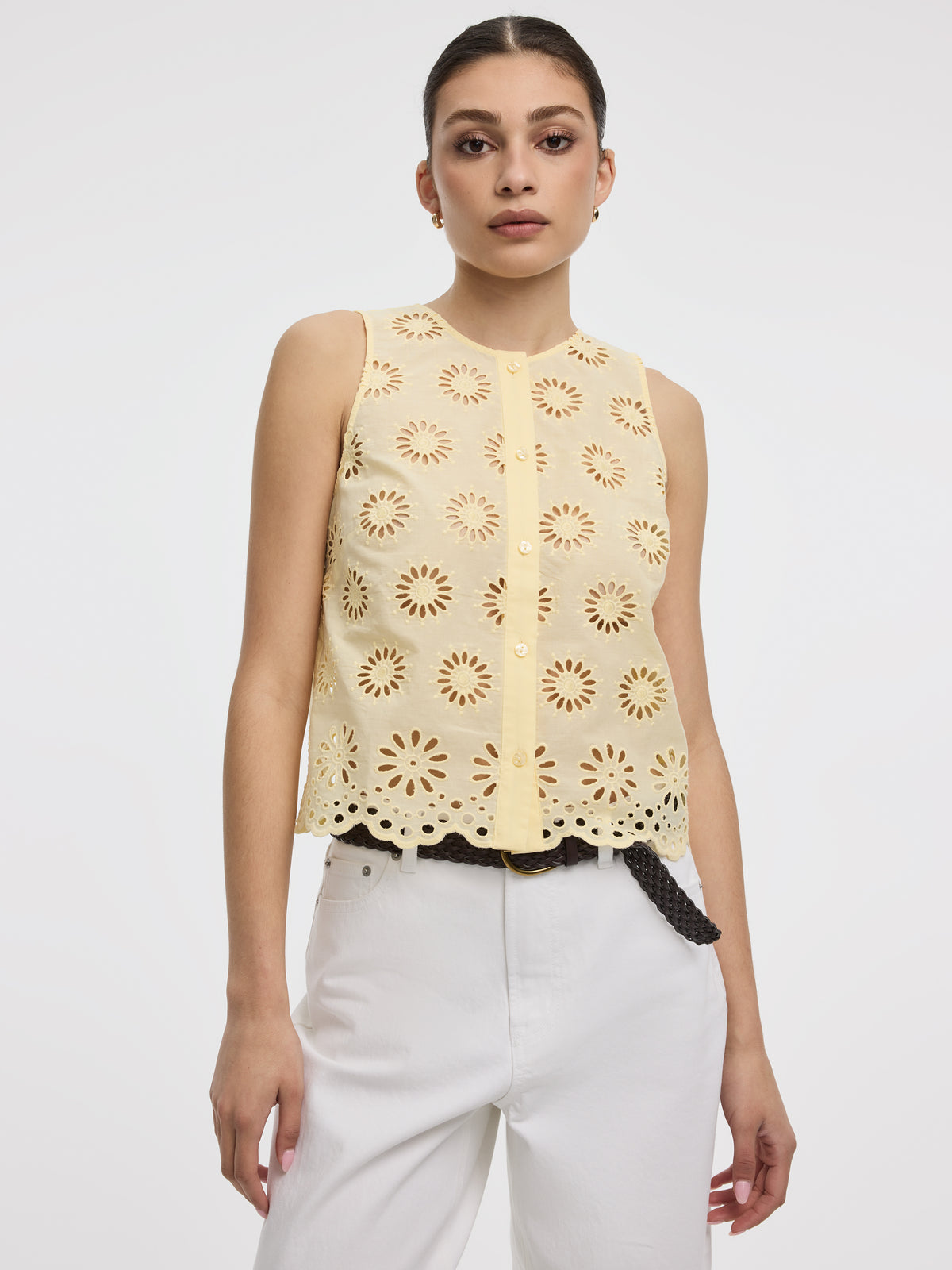 Crew-Neck Buttoned Tank with Eyelets
