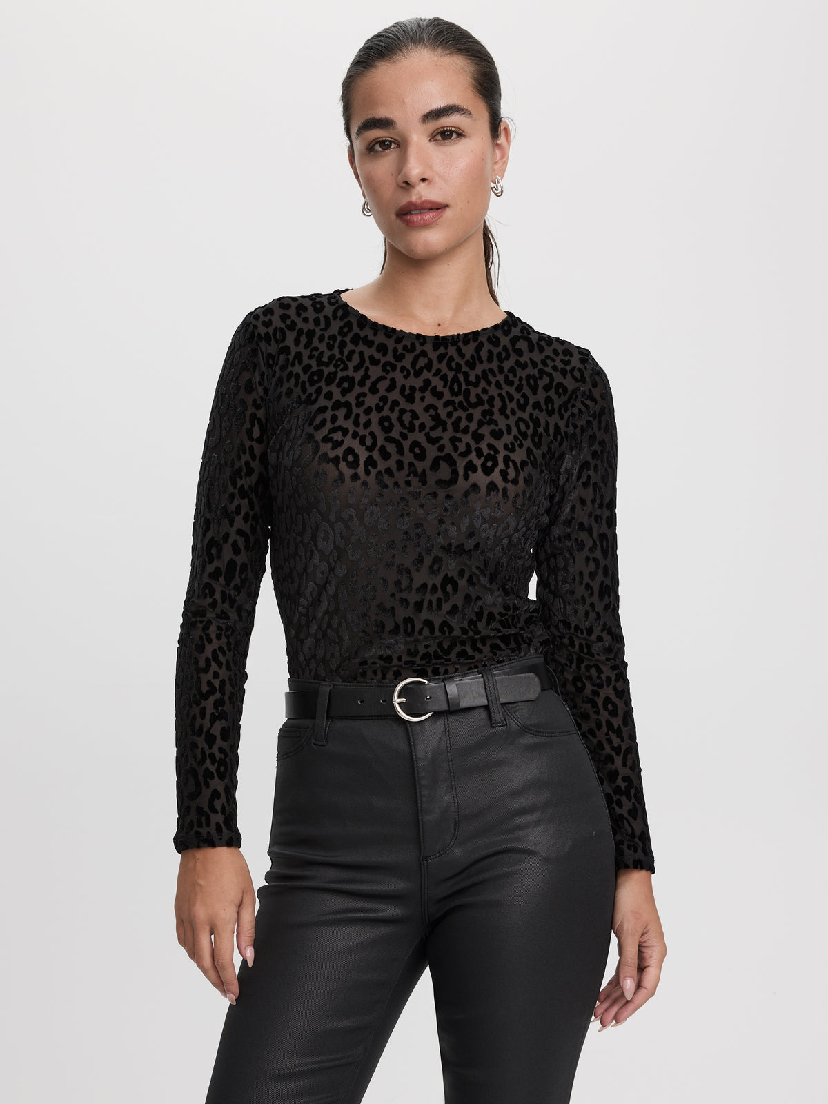 Long-Sleeve Crew-Neck Velvet Top with Burnout Pattern