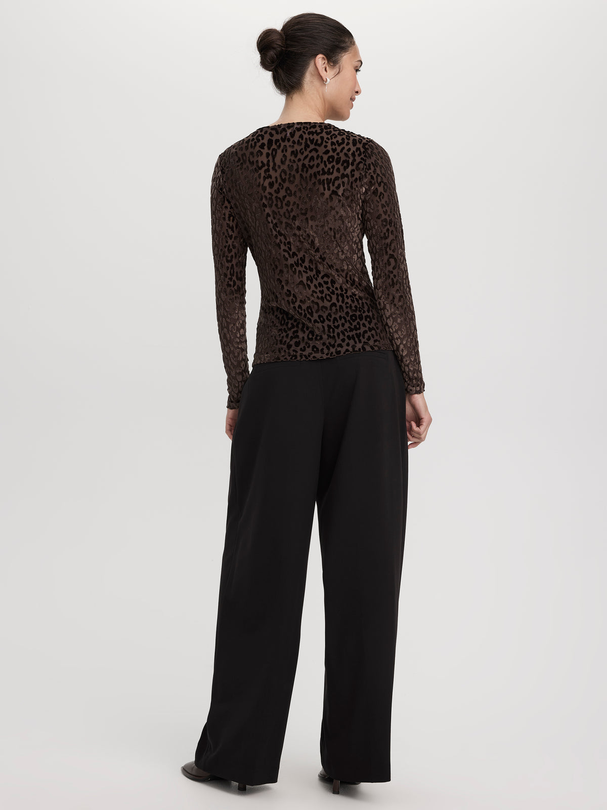 Long-Sleeve Crew-Neck Velvet Top with Burnout Pattern