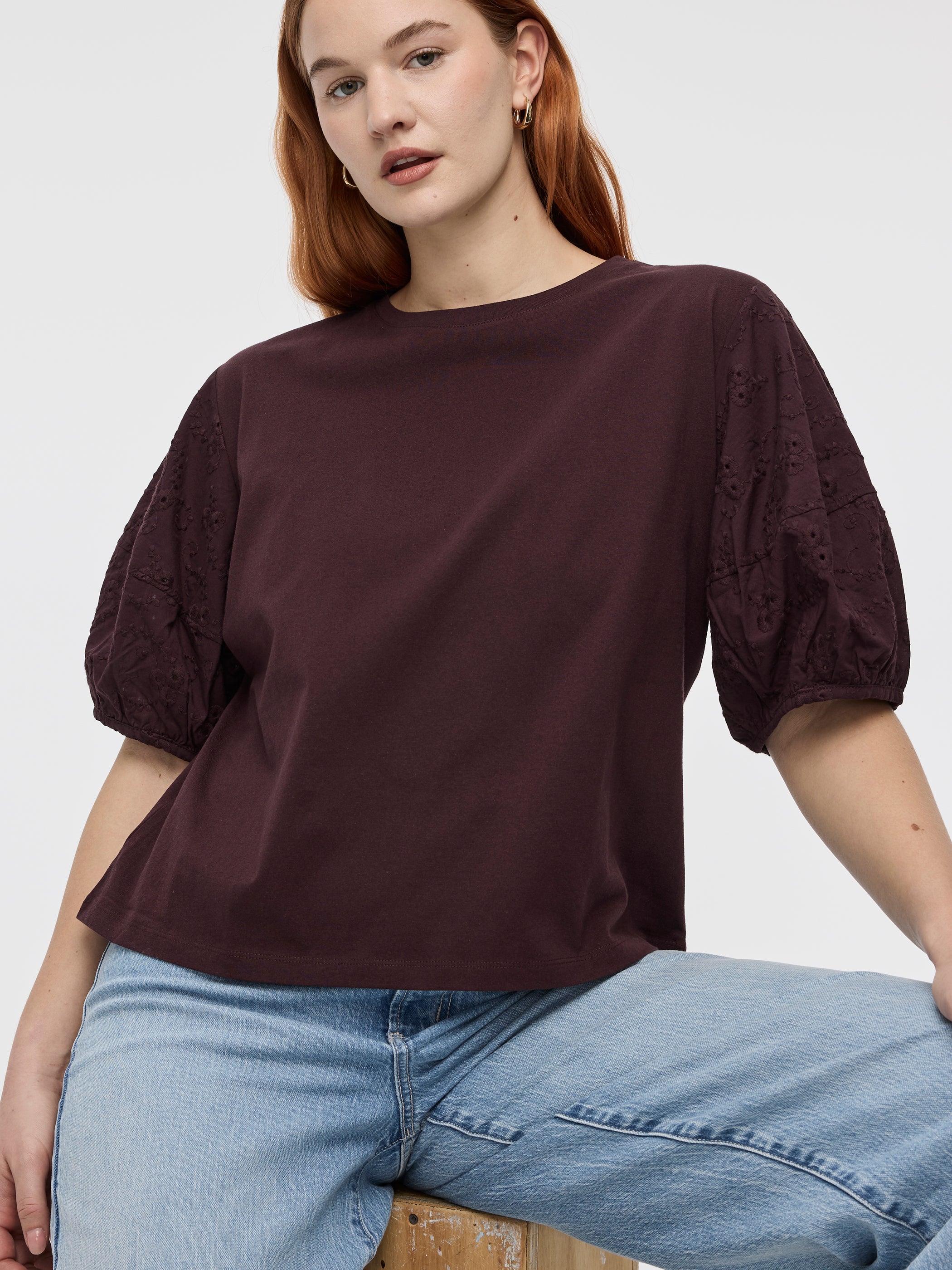 Crew-Neck Mix-Media Top with Short Puffy Sleeves