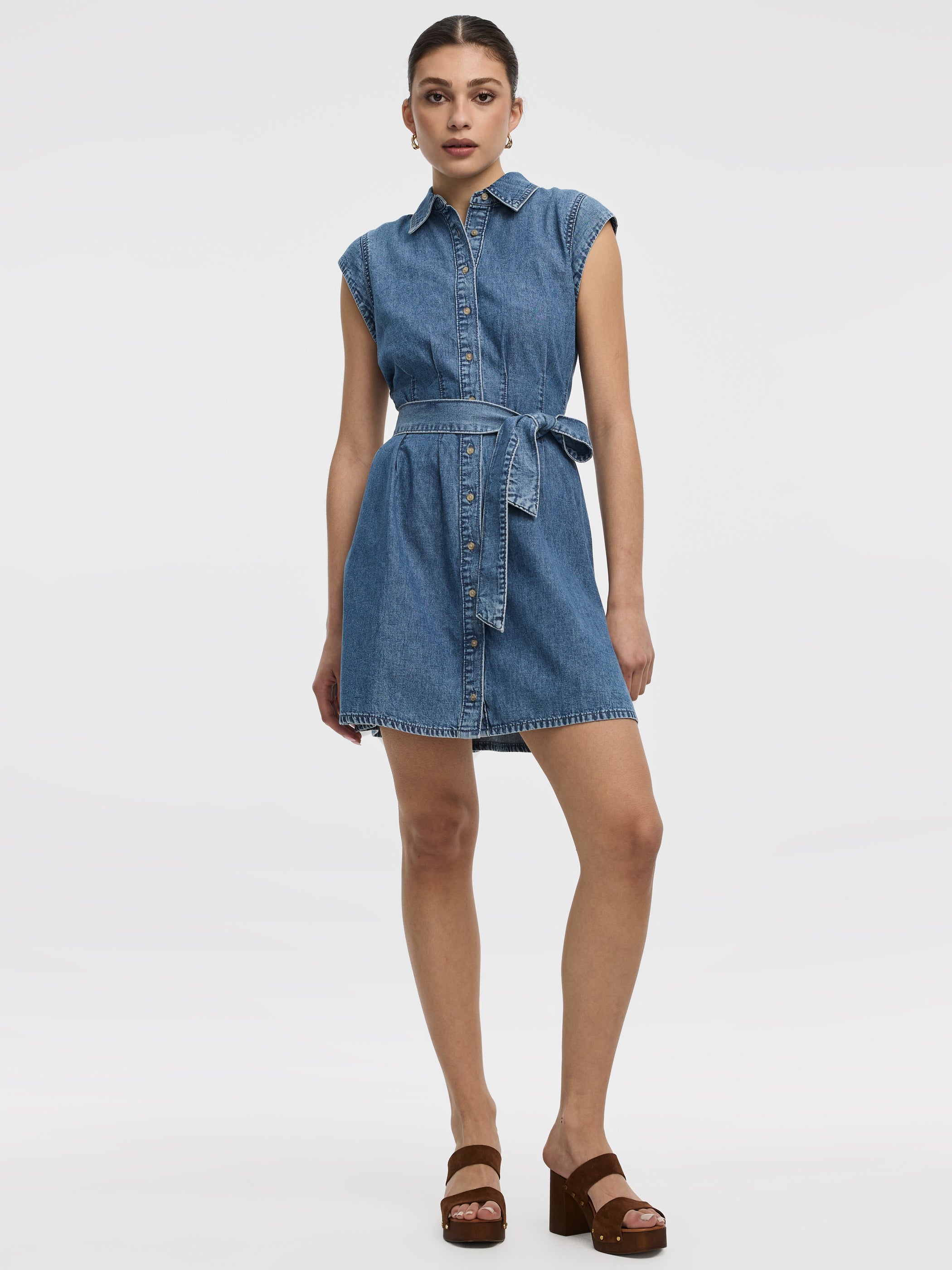 Cap-Sleeve Belted Shirtdress