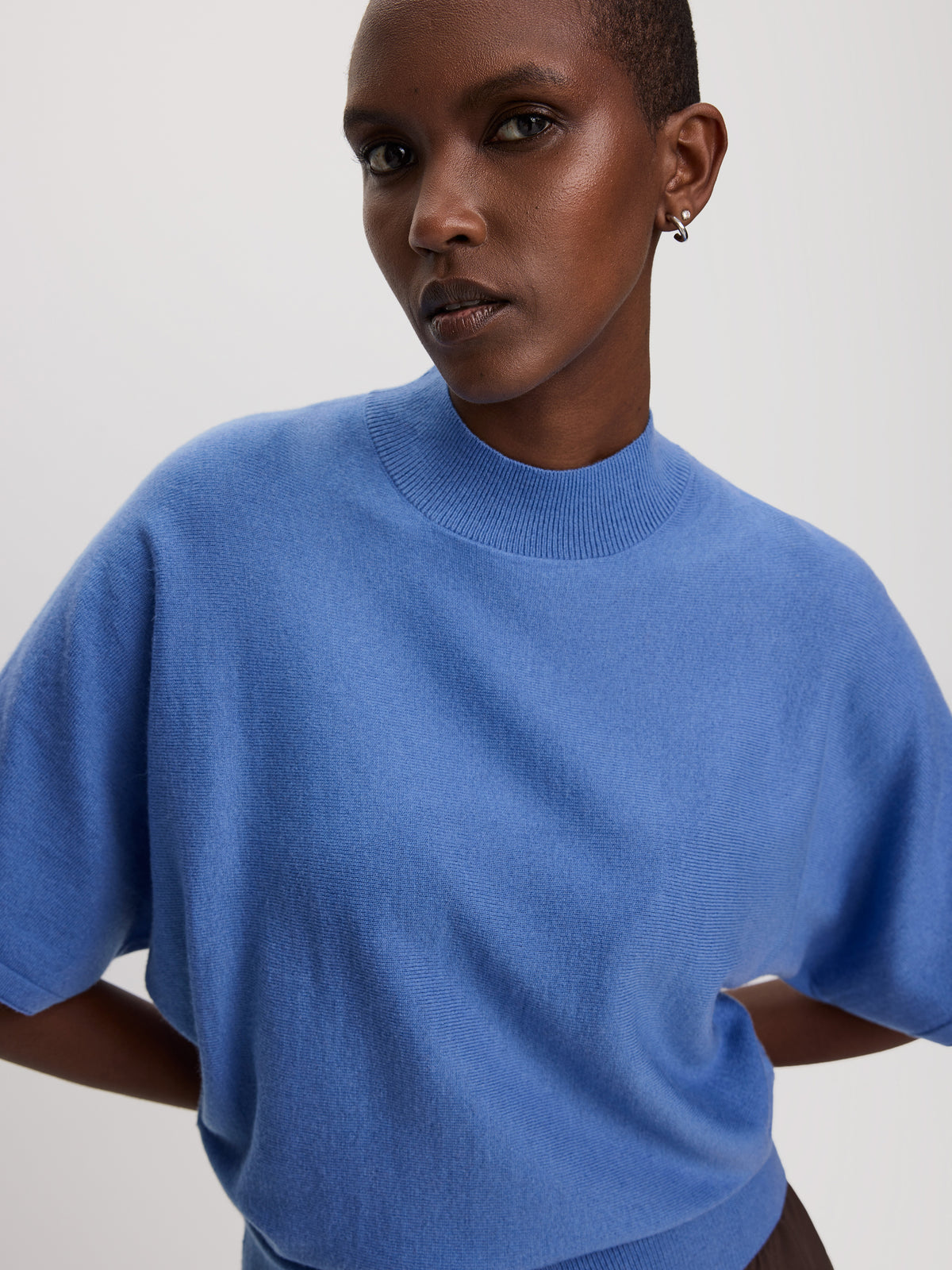 Merino-Blend Short-Sleeve Mock-Neck Sweater