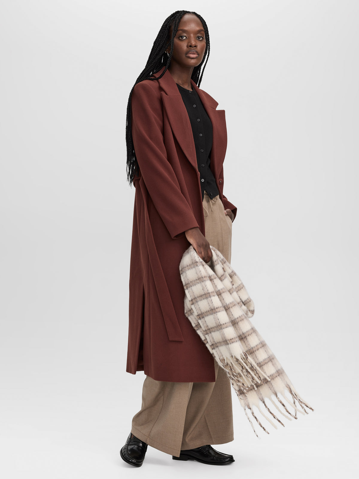 Wool-Blend Long Jacket with Sash