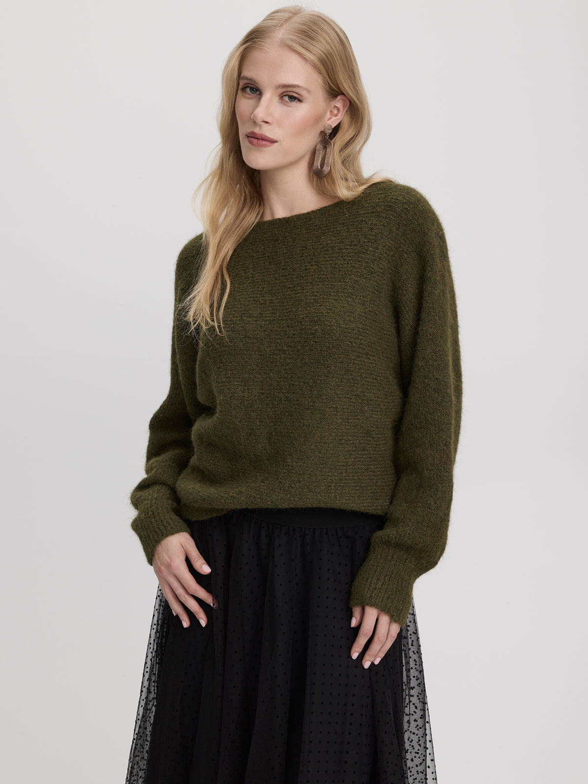 Long-Sleeve Boat-Neck Sweater with Lace Insert