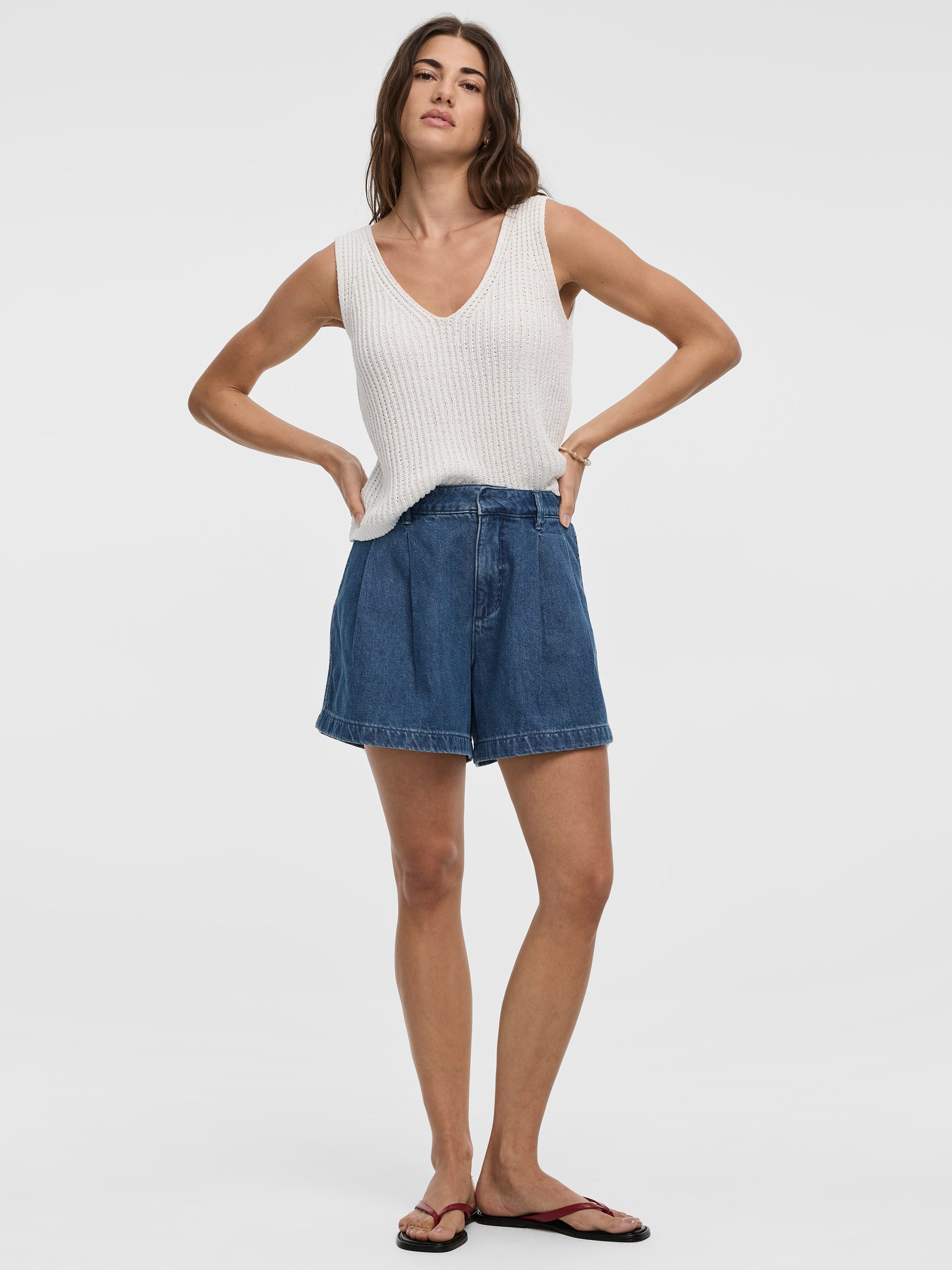 Pleated Denim Shorts