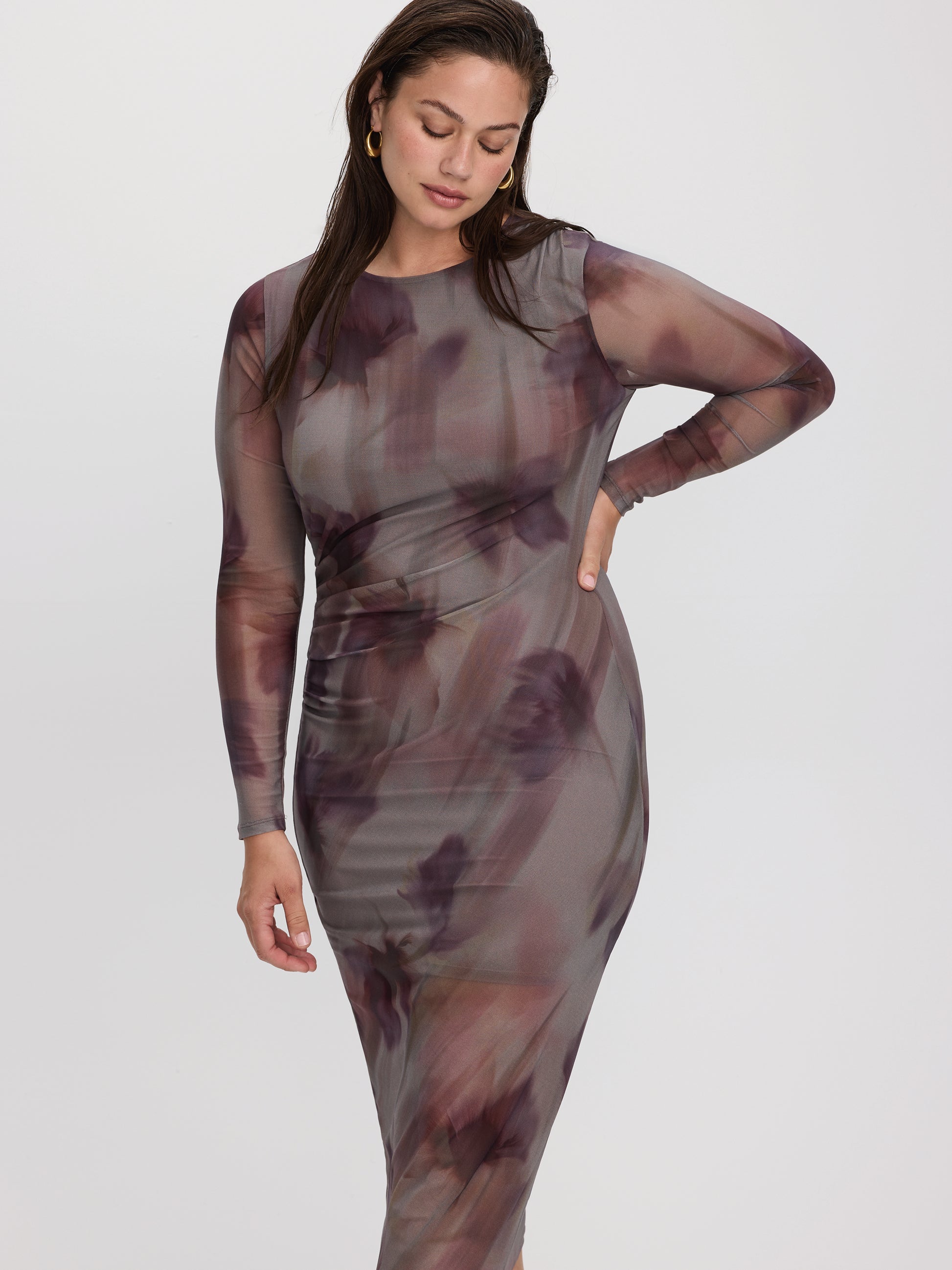 Long-Sleeve Mesh Midi Dress with Side Shirrings