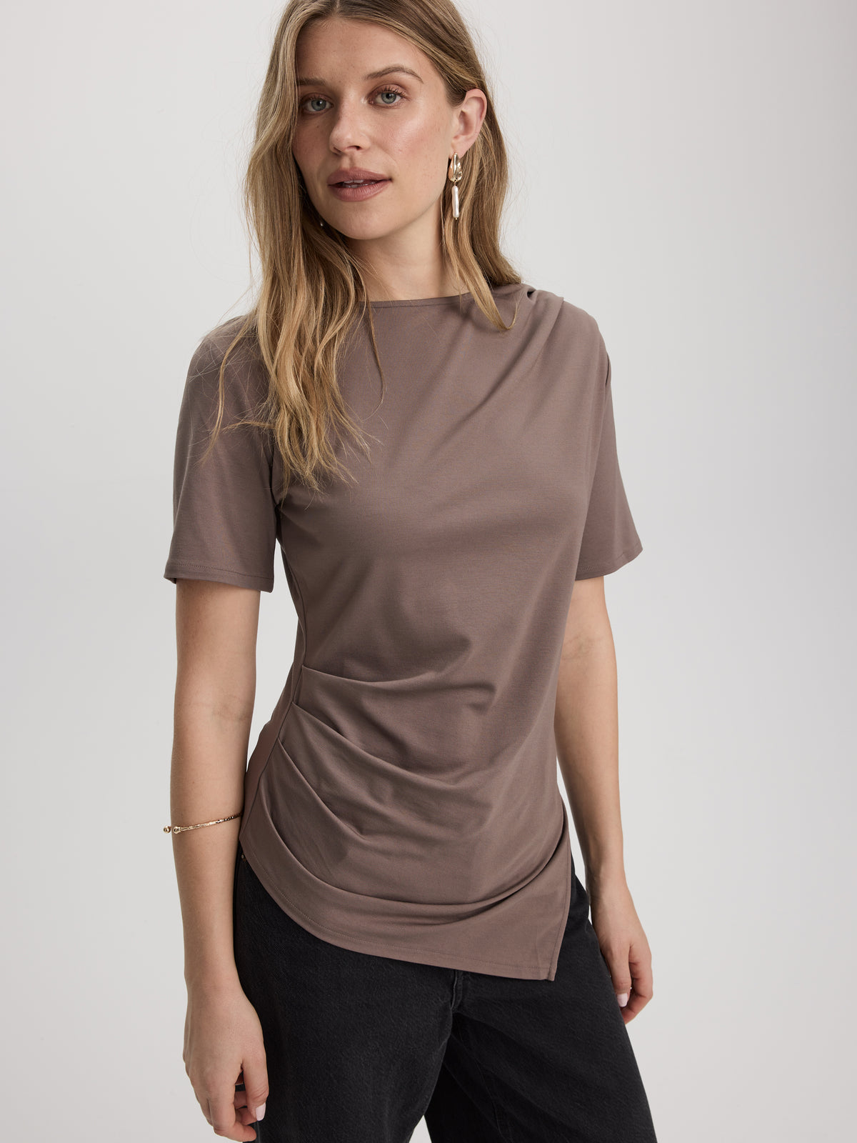 Short-Sleeve Shirred Top with Asymmetrical Hem