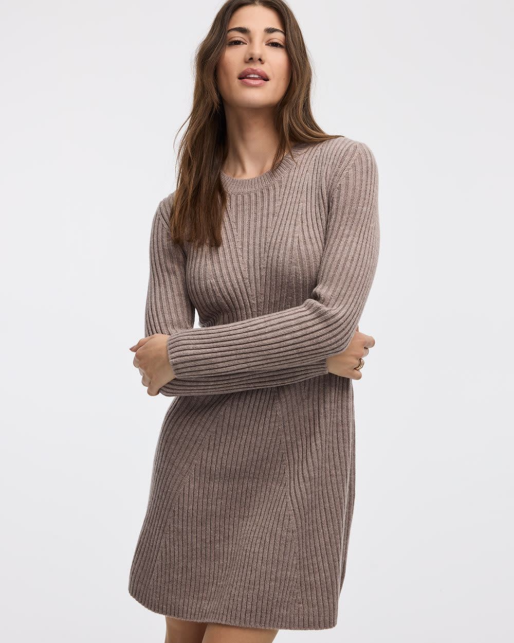Long-Sleeve Crew-Neck Ribbed Sweater Dress