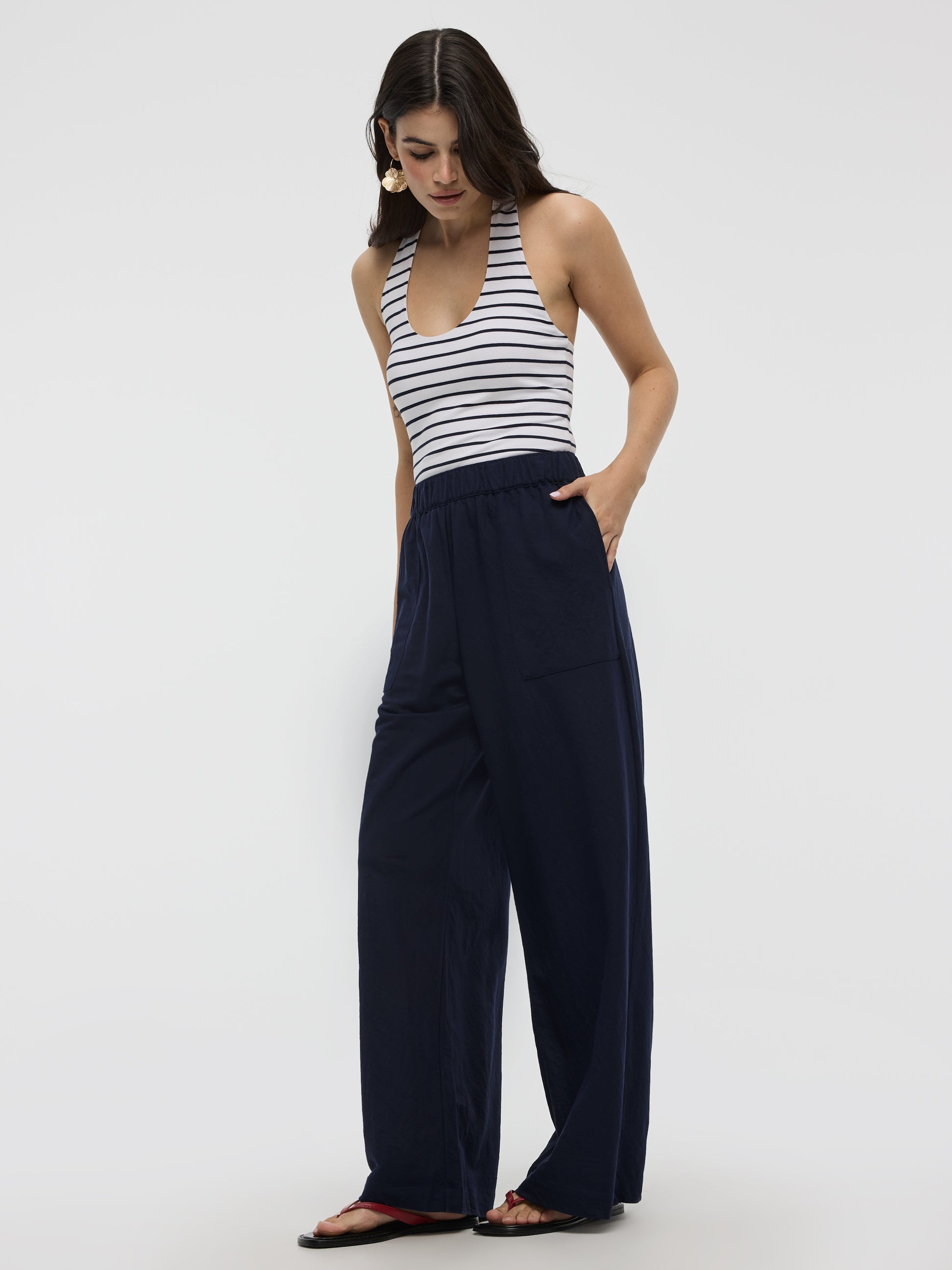 Wide-Leg High-Rise Pull-On Piqué Pant