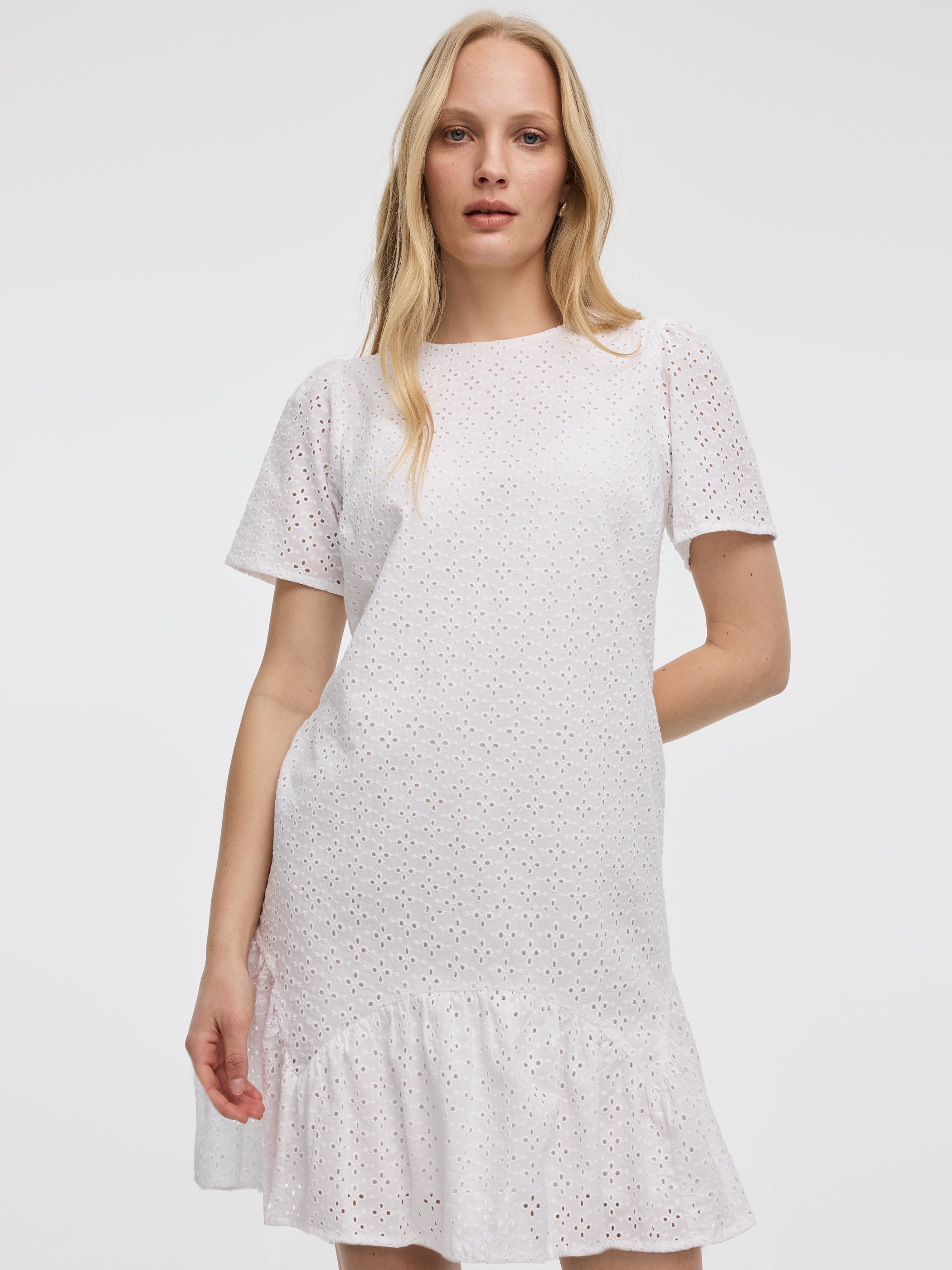 Short-Sleeve Crew-Neck Eyelet Dress